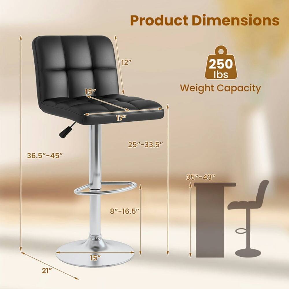 Product Dimensions:  
- Seat Width: 15"  
- Seat Depth: 17"  
- Seat Height: 36.5"-45"  
- Back Height: 35"-43"  
- Armrest Height: 25"-33.5"  
- Base Diameter: 15"  
- Base Height: 8"-16.5"  
- Overall Height: 21"  

Weight Capacity: 250 lbs