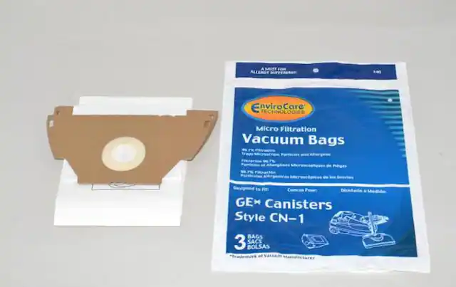 A MUST FOR ALLERGY SUFFERERS
140 Enviro Care TECHNOLOGIES Micro Filtration Vacuum Bags
99.7% Particulates
99.7% Microscopic Particles
Designed to FIT: GE* Canisters Style CN-1
3 BAGS / 3 SACS / 3 BOLSAS
*Trademark of Vacuum Manufacturer