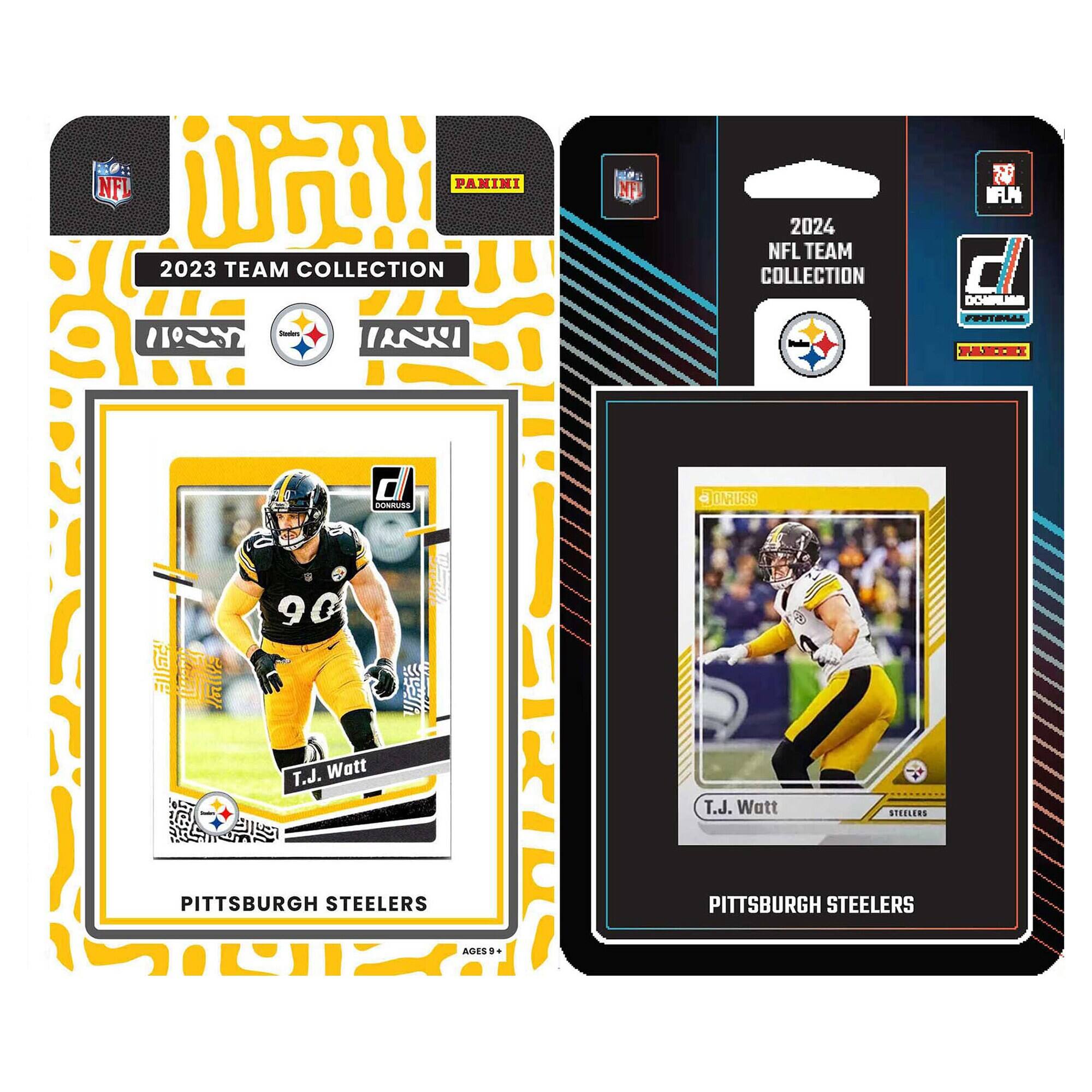 NFL PANINI 2023 TEAM COLLECTION  
PITTSBURGH STEELERS  
T.J. Watt  
PITTSBURGH STEELERS  

NFL PANINI 2024 TEAM COLLECTION  
PITTSBURGH STEELERS  
T.J. Watt  
PITTSBURGH STEELERS