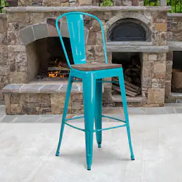 Emma + Oliver - 30"H Metal Dining Barstool with Back and Wood Seat - Crystal Teal-Blue