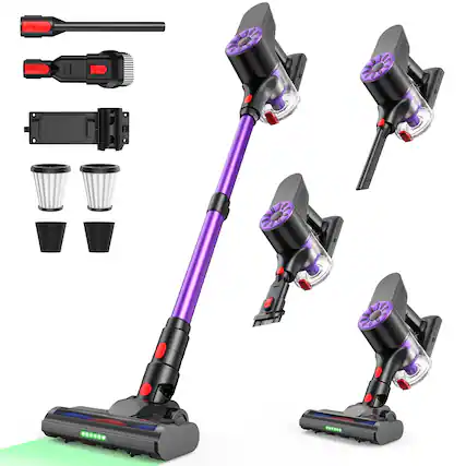 Front. MOOSOO - Stick Vacuum Cleaner, 36Kpa Powerful Suction Cordless Vacuum with Headlight Motorized Brush, Self-Standing for H - Purple.