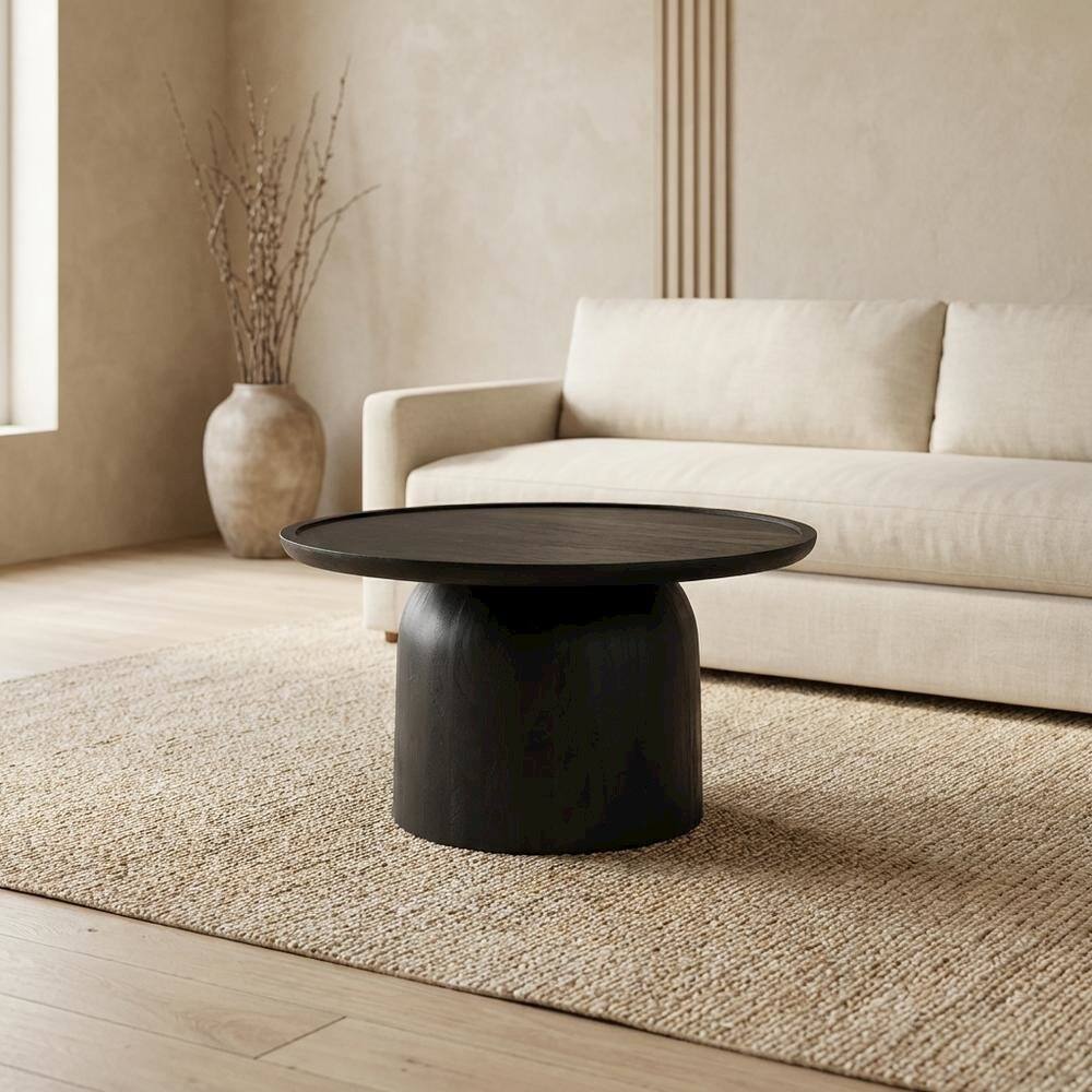 Left. FurniFact - Round Wood Coffee Table with 17.5-inch Height and 30-inch Diameter - Black.