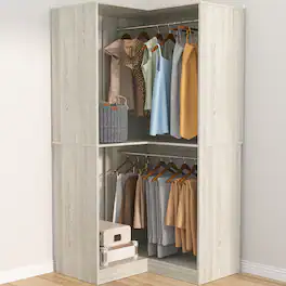 Aheaplus - Corner Closet System, 32 Inch Wide Corner Unit with 2 Hanging Rods and Shelves, 3-Tier - Beige Oak