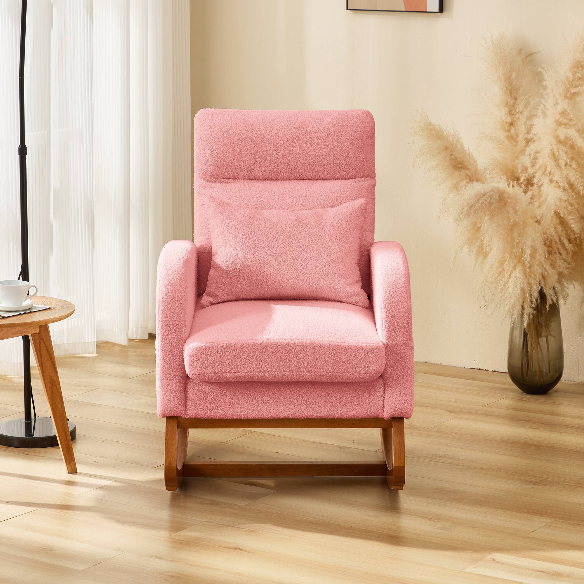 Alt View 4. U-HOMY - U-HOMY Rocking Chair Comfort Set: Solid Wood with Pillow, Blanket | Plush Teddy Fleece Accent Chair for Living Room - Pink.