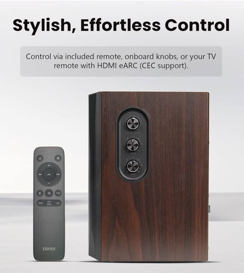 Stylish, Effortless Control

Control via included remote, onboard knobs, or your TV remote with HDMI eARC (CEC support).