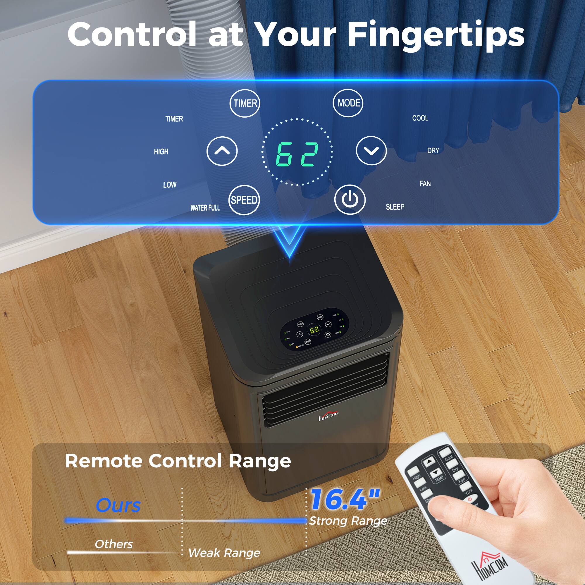 Control at Your Fingertips

TIMER MODE TIMER COOL HIGH LOW 62 SPEED WATER FULL SLEEP DRY FAN

C 62

2 J

Navice Remote Control Range

Ours 16.4" Strong Range

Others Weak Range

A CoA D. TIM Fm 5 HIACOM