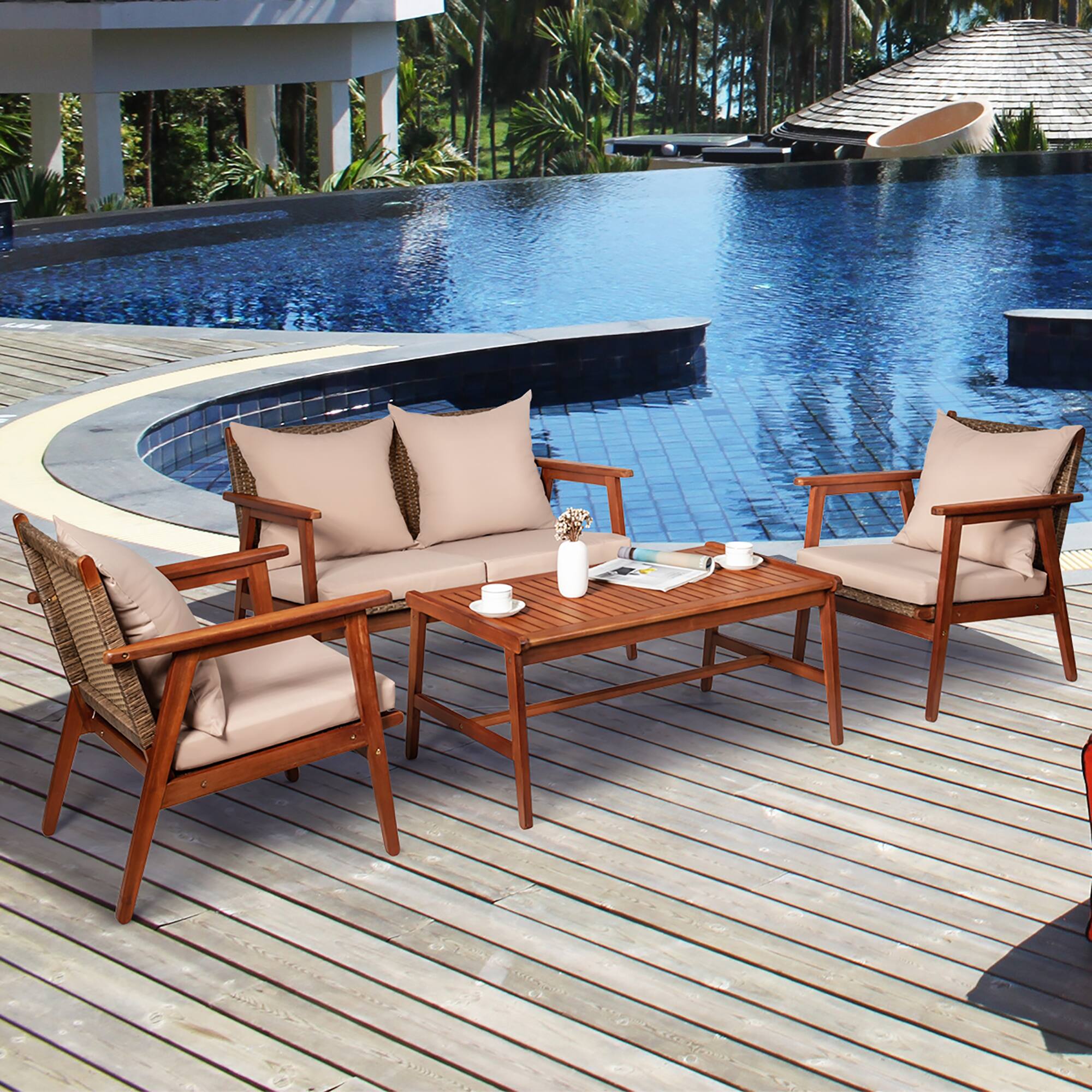 Alt View 3. Costway - Costway 8PCS Patio Rattan Furniture Set Acacia Wood Frame Cushioned Sofa Chair Garden - Brown.