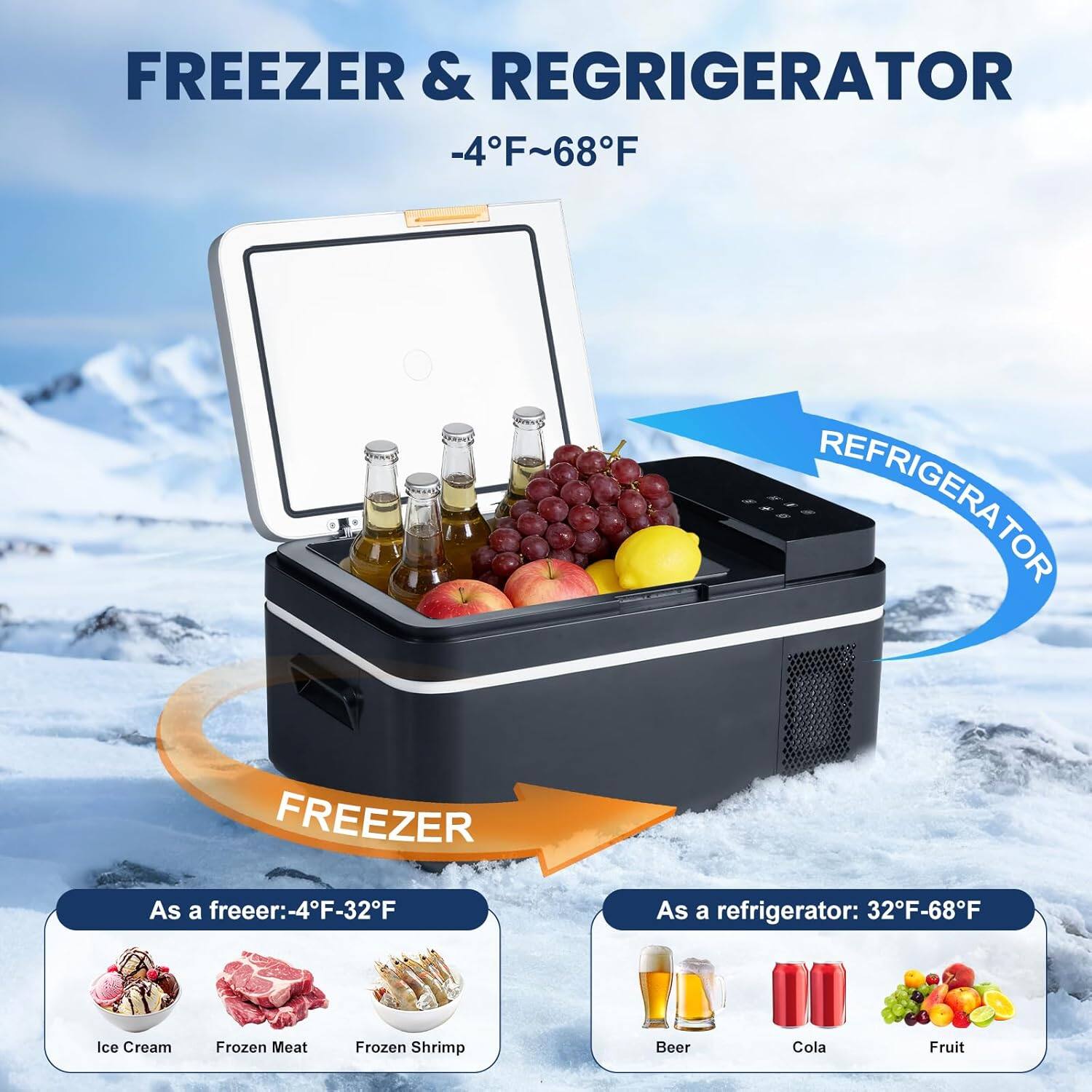 FREEZER & REFRIGERATOR  
-4°F~68°F  

As a freezer: -4°F~32°F  
As a refrigerator: 32°F~68°F  

Ice Cream  
Frozen Meat  
Frozen Shrimp  
Beer  
Cola  
Fruit
