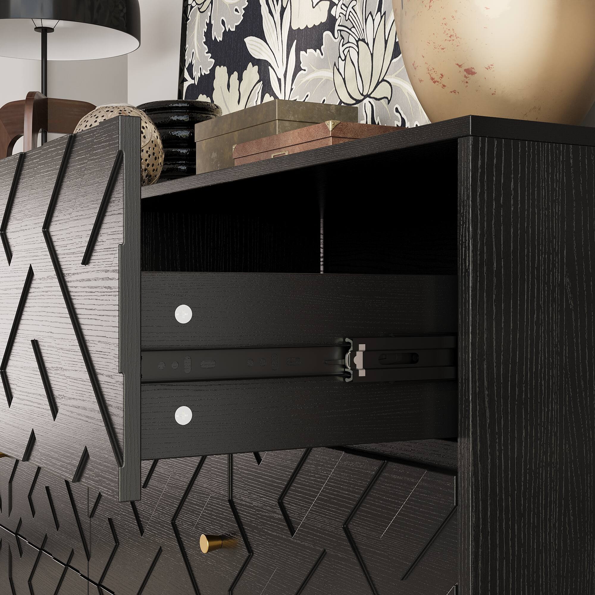 Alt View 2. Famapy - Famapy Textured 6 - Drawer Dresser: Wood - Grain Finish with Embossed Patterns - Black.