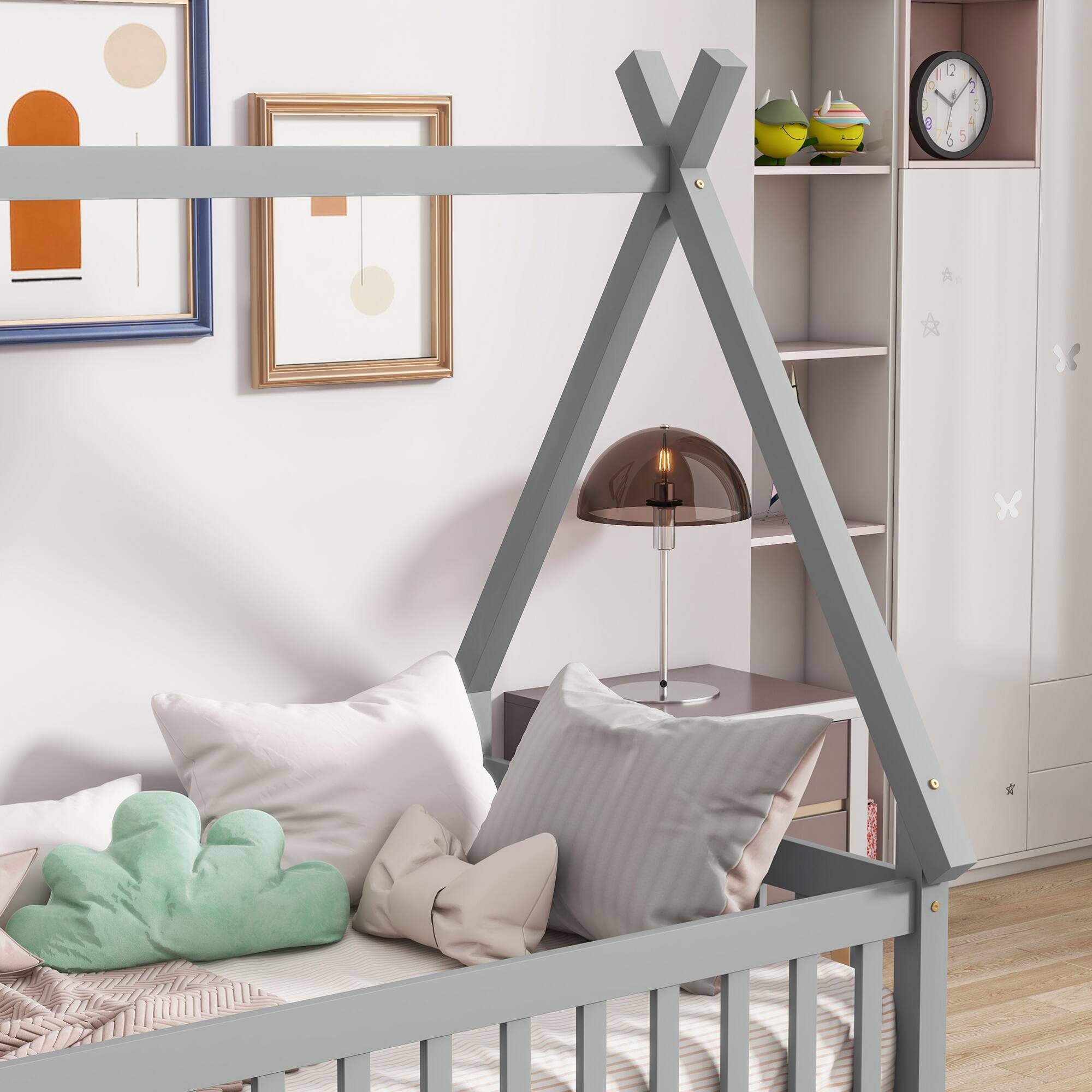 Alt View 6. GOODSILO - Twin-Size Tent-Shaped Low Profile Floor Bed with Safety Guardrails and Slatted Base - Grey.