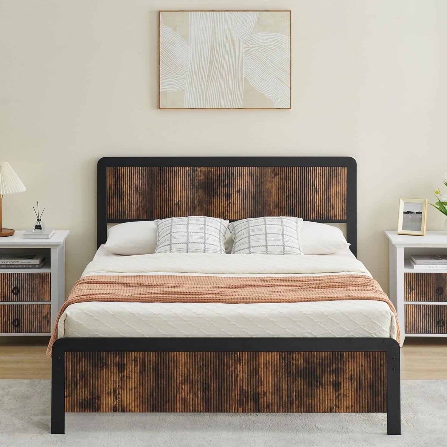 Back. GARVEE - Queen Metal Bed Frame Brown Curved Wood Headboard Under Bed Storage No Box Spring Easy Assembly - Brown Queen.