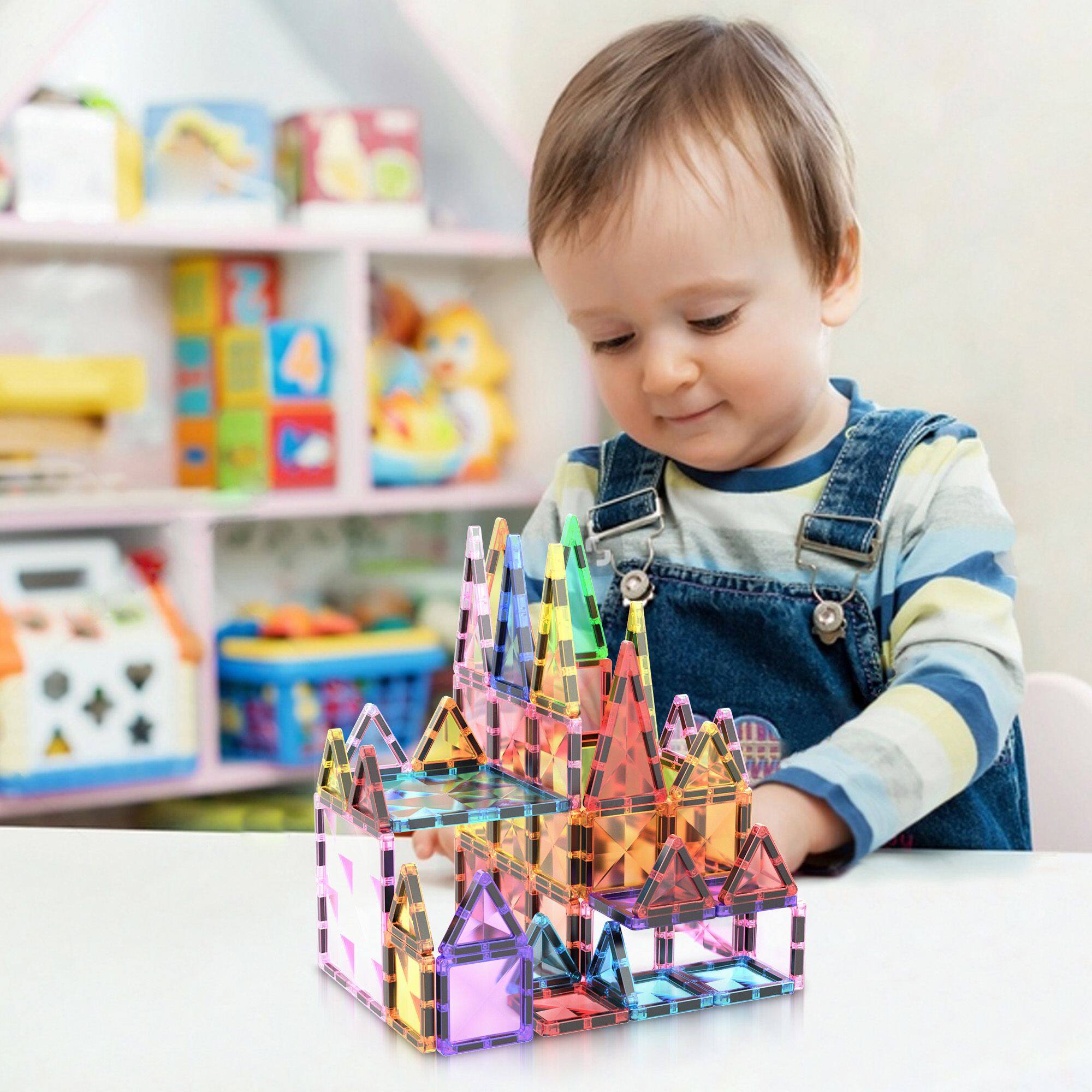 Alt View 4. PicassoTiles - PICASSO-TILES Magnetic Tiles For Kids, 80PCS Construction STEM Building Blocks Educational Toy, Travel Size - Multicolor.