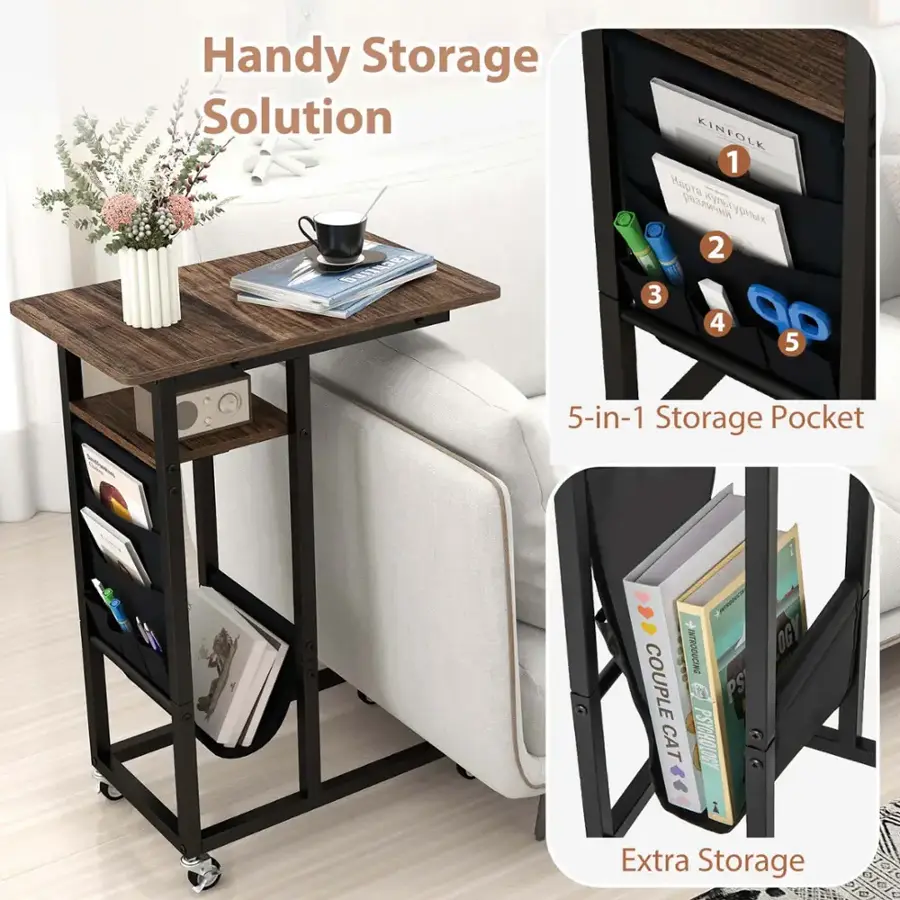Handy Storage Solution: A 5-in-1 Storage Pocket is featured on this table, which also has a 1-in-1 storage pocket. The table is equipped with a coffee cup and a book, making it a convenient space for reading and enjoying a beverage. The table is placed in a living room, and there is a couch nearby.