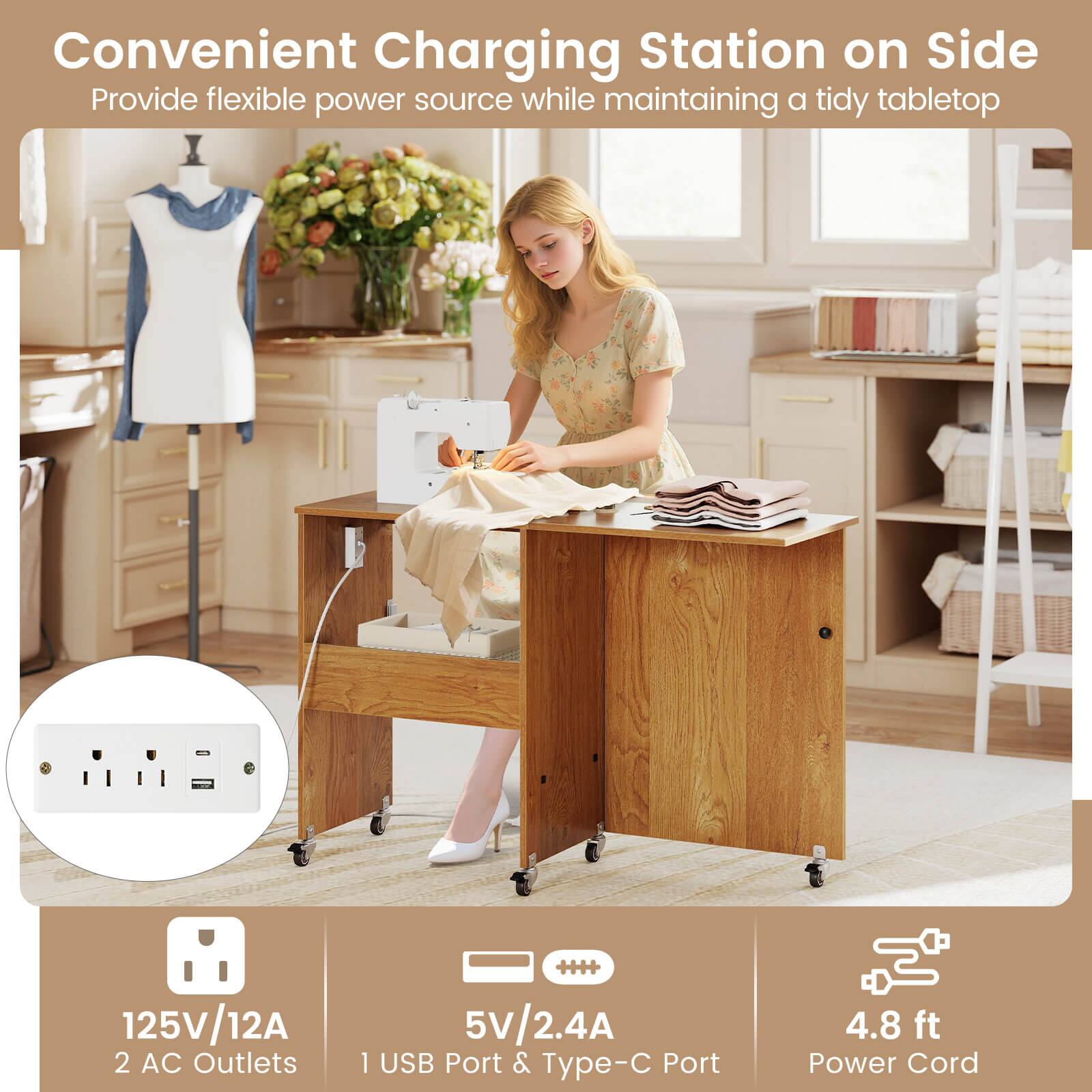 Convenient Charging Station on Side  
Provide flexible power source while maintaining a tidy tabletop  

125V/12A  
2 AC Outlets  

5V/2.4A  
1 USB Port & Type-C Port  

4.8 ft Power Cord