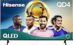 Hisense QLED is a sponsor of the FIFA World Cup. The image features four men, likely soccer players, smiling and posing for a picture. The men are wearing soccer jerseys, and the image is promoting the Hisense QLED television, which is a sponsor of the World Cup.