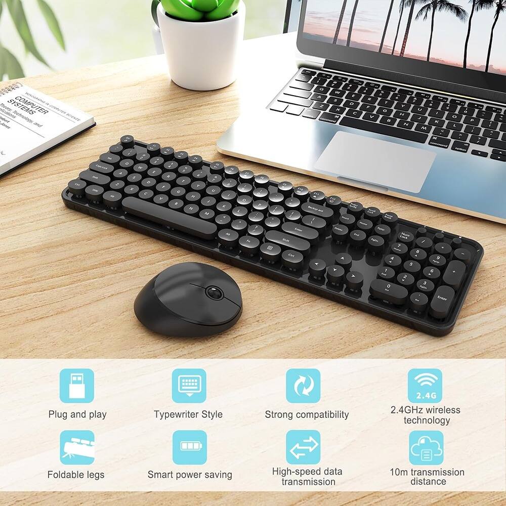 Plug and play  
Typewriter Style  
Strong compatibility  
2.4GHz wireless technology  
Foldable legs  
Smart power saving  
High-speed data transmission  
10m transmission distance