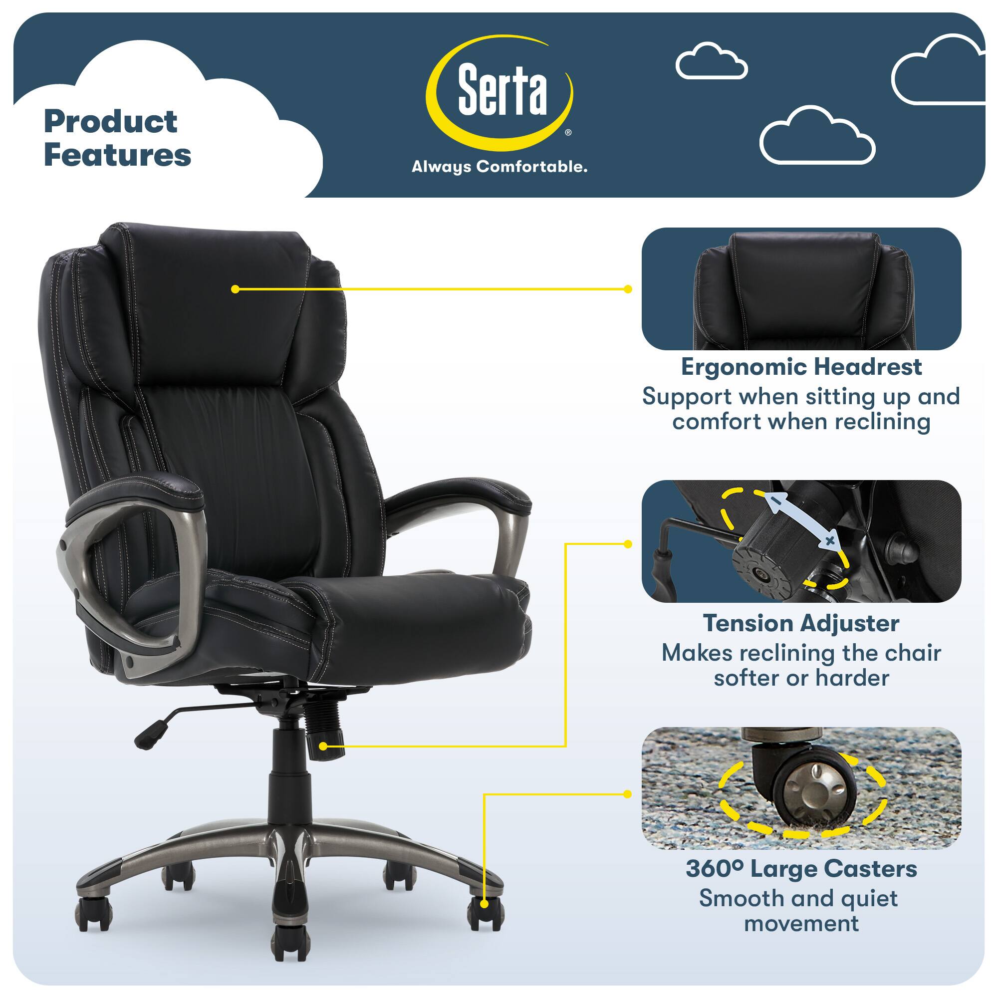 Left. Serta - Garret Bonded Leather Executive Office Chair with Premium Cushioning - Black.
