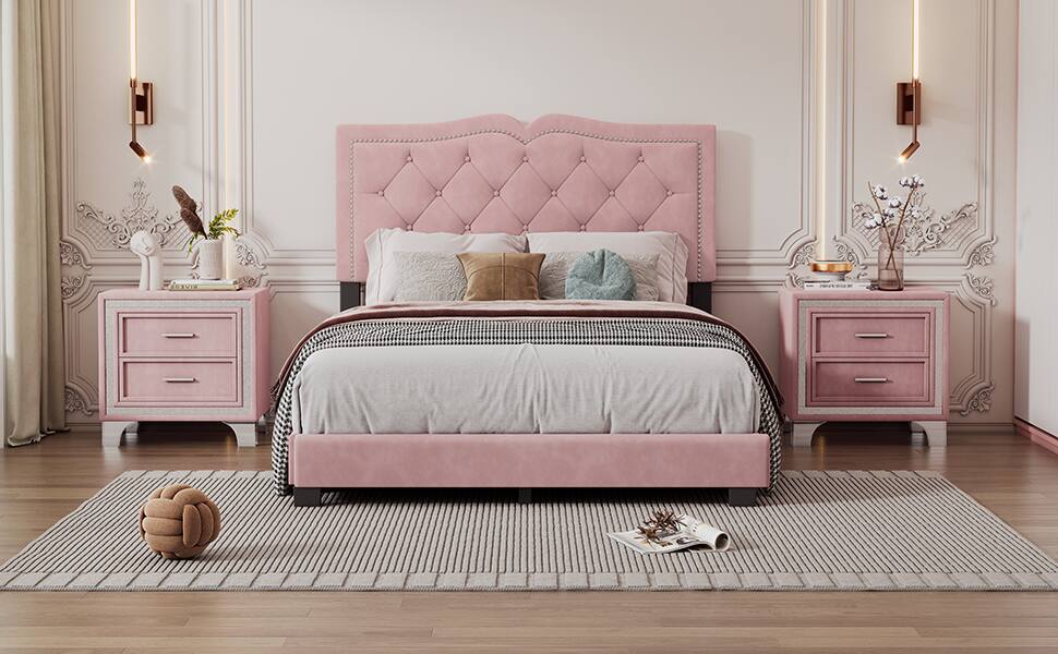 Alt View 5. Tiramisubest - Full Size Upholstered Bed Frame with Rivet Design, Modern Velvet Platform Bed with Tufted Headboard,Pink - Pink.