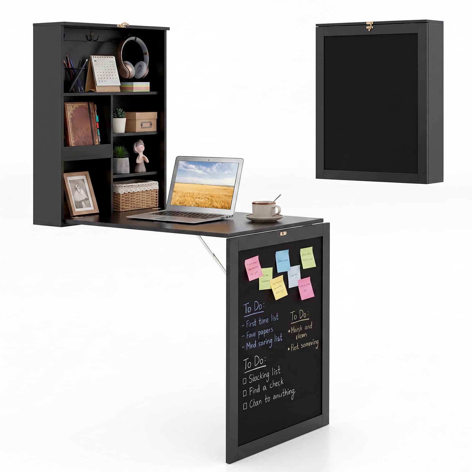 Gymax - Wall Mounted Table Fold Out Convertible Desk with A Blackboard/Chalkboard - Black