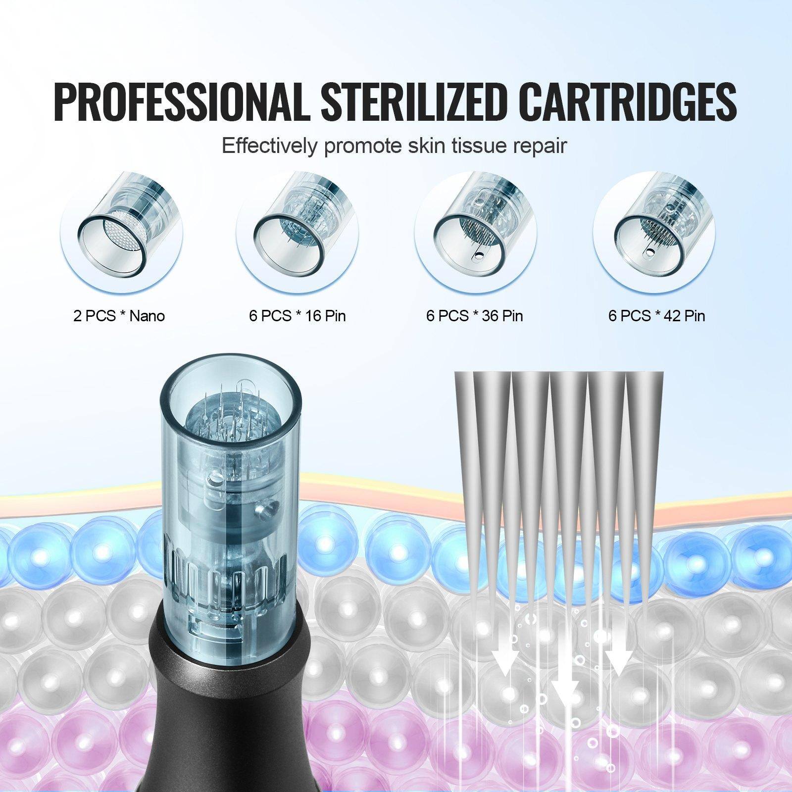 PROFESSIONAL STERILIZED CARTRIDGES  
Effectively promote skin tissue repair  

2 PCS * Nano  
6 PCS * 16 Pin  
6 PCS * 36 Pin  
6 PCS * 42 Pin