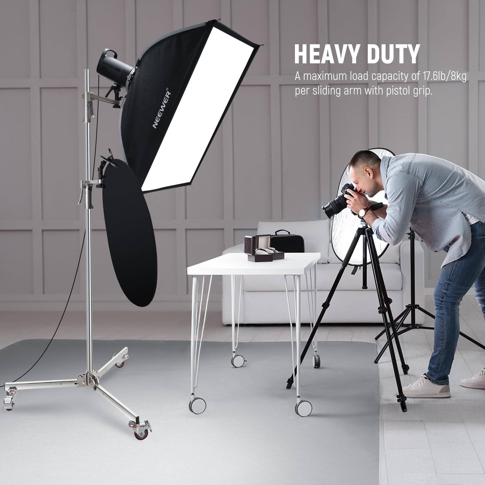 NEEWER HEAVY DUTY  
A maximum load capacity of 17.6lb/8kg per sliding arm with pistol grip.