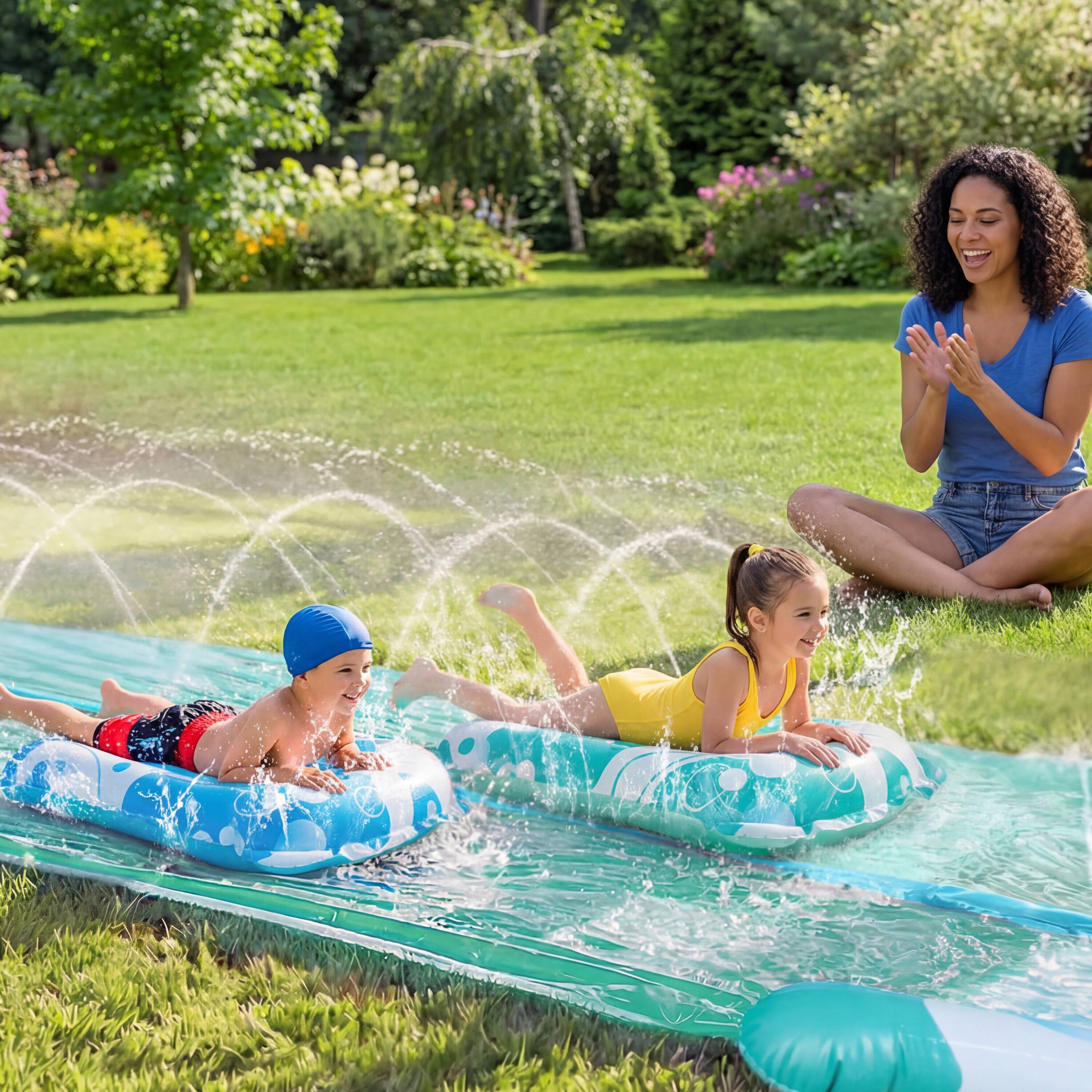 Alt View 2. Joyfy - 22.5ft Double Lawn Water Slides, Summer Water Slide with 2 Inflatable Boards & Sprinkler, Outdoor Toy Light Blue.
