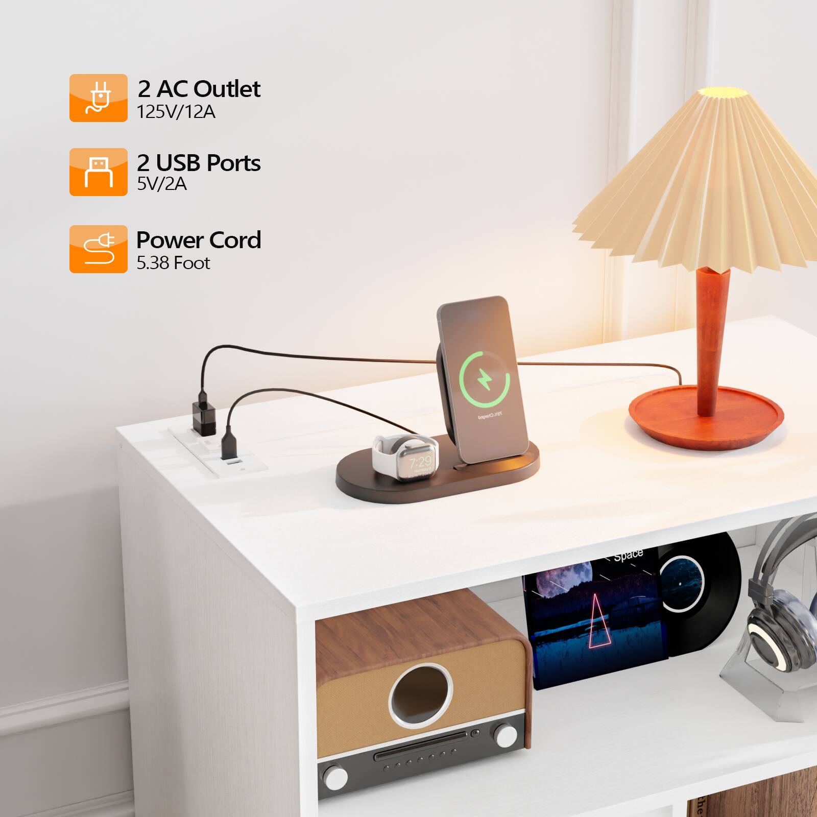 2 AC Outlet  
125V/12A  

2 USB Ports  
5V/2A  

Power Cord  
5.38 Foot  

meta - 7:29  

Space