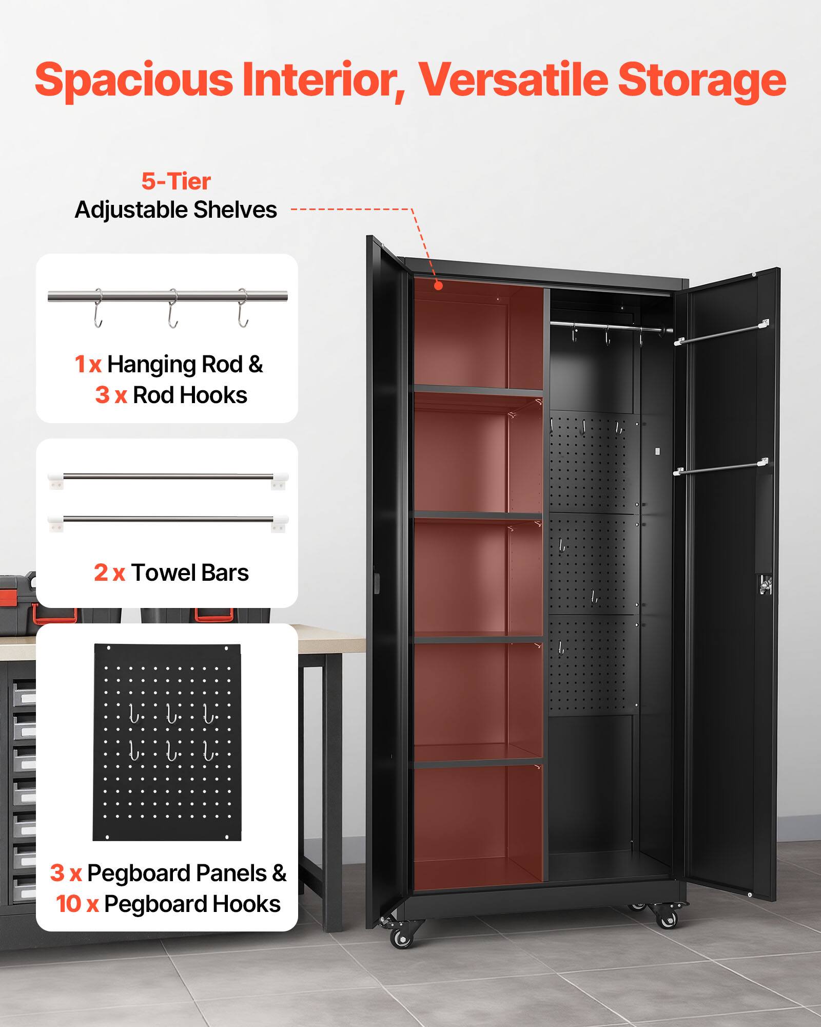Spacious Interior, Versatile Storage

5-Tier Adjustable Shelves

1x Hanging Rod & 3x Rod Hooks

2x Towel Bars

3x Pegboard Panels & 10x Pegboard Hooks