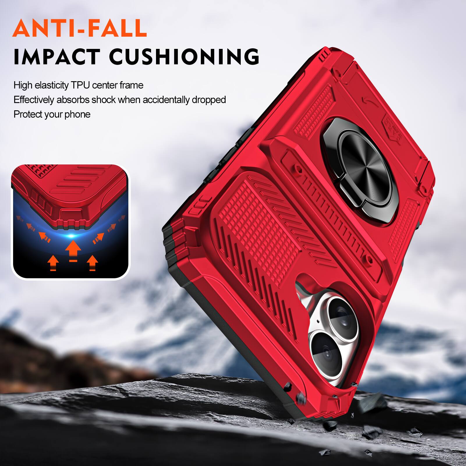 ANTI-FALL IMPACT CUSHIONING

High elasticity TPU center frame
Effectively absorbs shock when accidentally dropped
Protect your phone