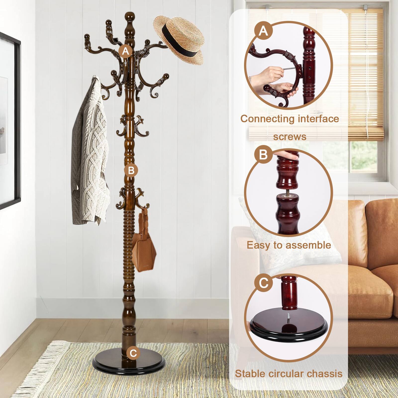 A. Connecting interface screws  
B. Easy to assemble  
C. Stable circular chassis