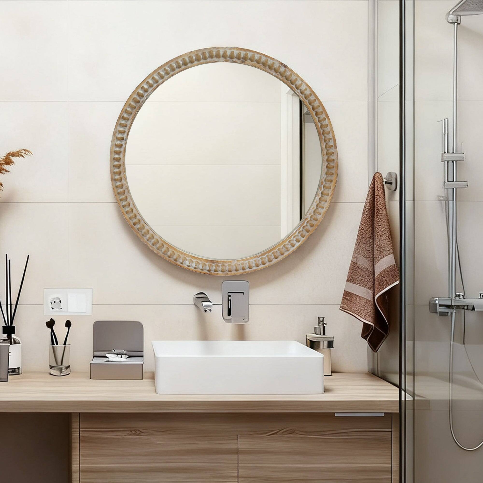 Angle. BreeBe - 23.62 in Round Decorative Wall Mirror Distressed Wood Beaded Frame for Entryway Living Room Bathroom Farmhouse Style - Natural Wood.