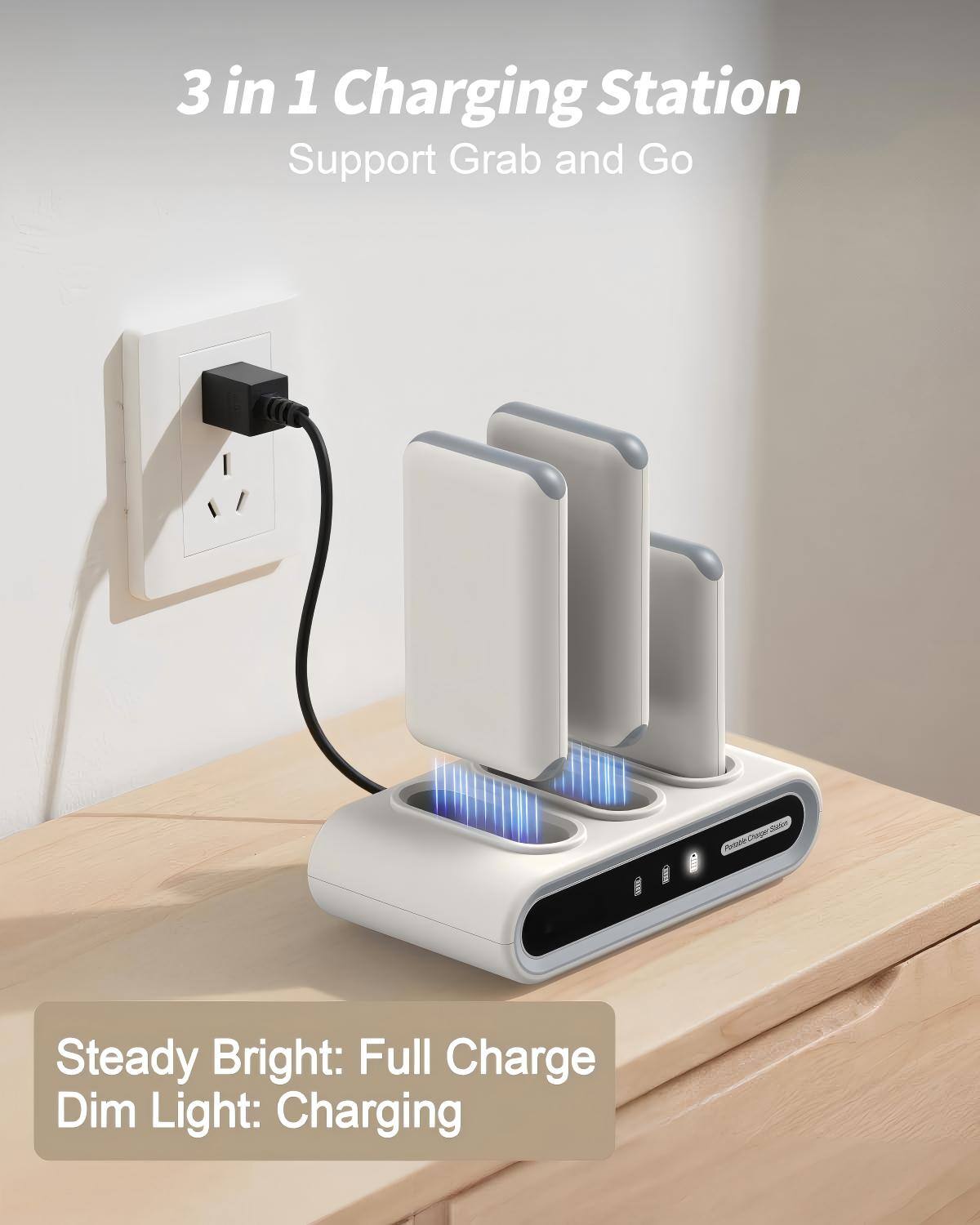 3 in 1 Charging Station  
Support Grab and Go  

Steady Bright: Full Charge  
Dim Light: Charging