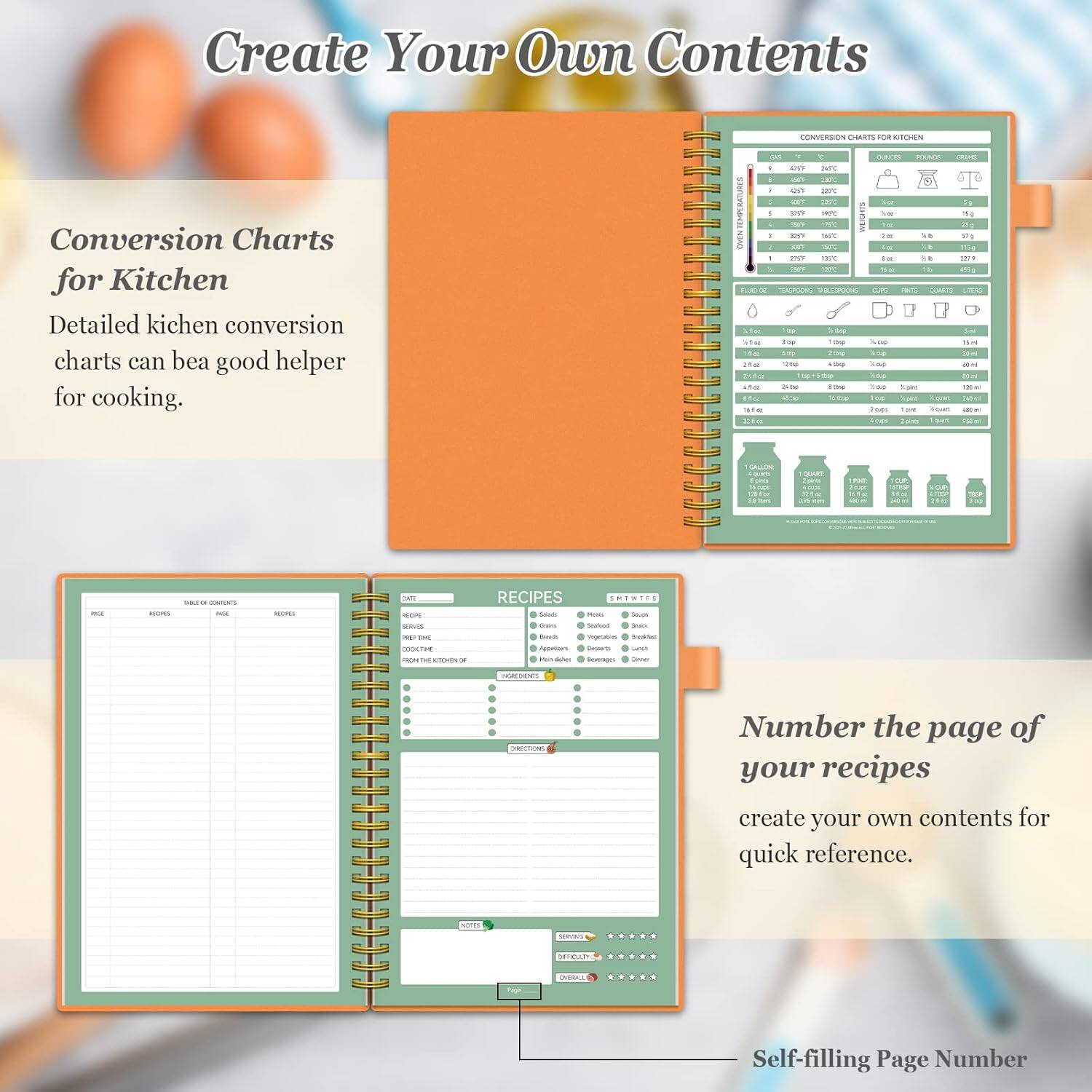 Create Your Own Contents

Conversion Charts for Kitchen
Detailed kitchen conversion charts can be a good helper for cooking.

Number the page of your recipes
create your own contents for quick reference.

Self-filling Page Number
