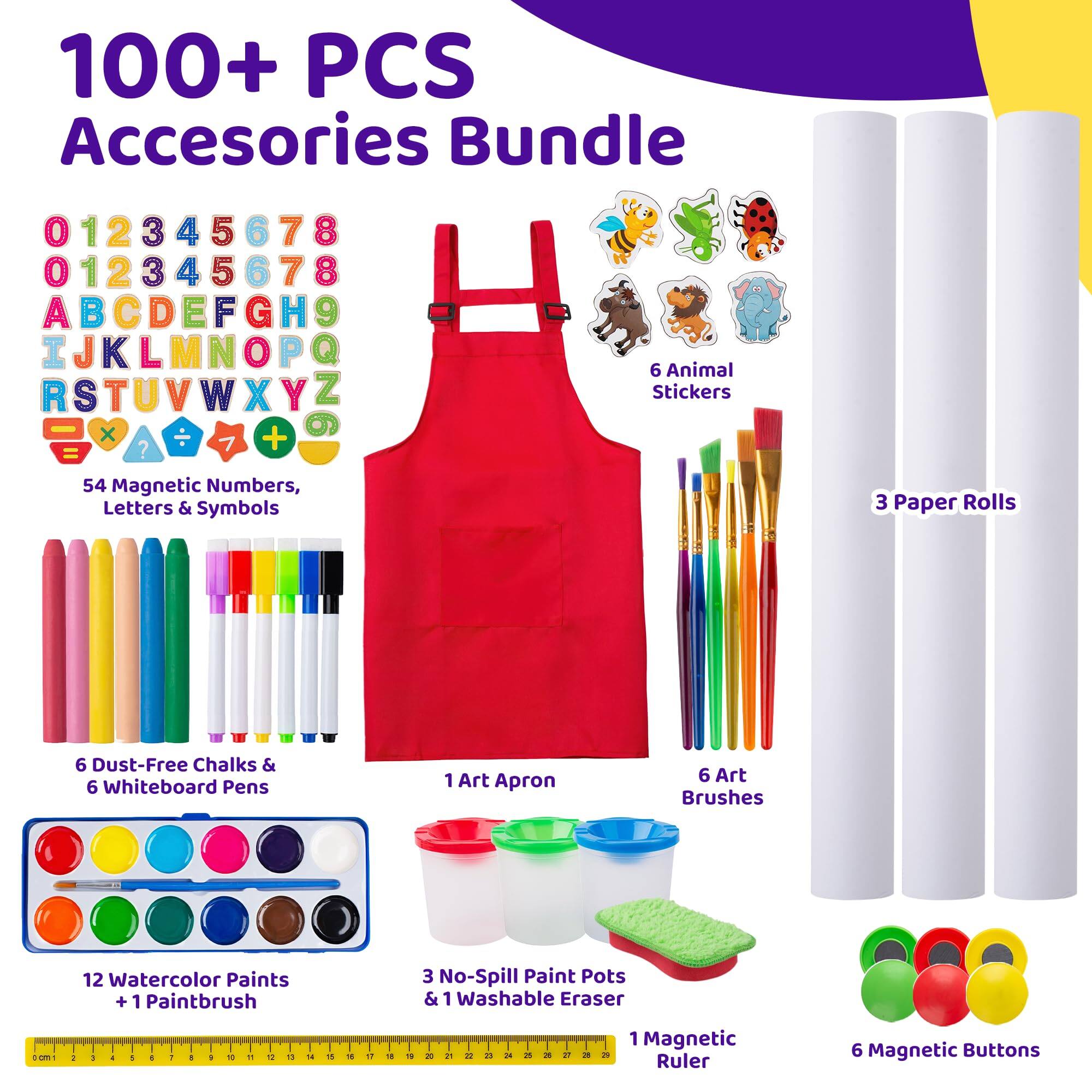100+ PCS Accessories Bundle

- 54 Magnetic Numbers, Letters & Symbols
- 6 Animal Stickers
- 3 Paper Rolls
- 6 Dust-Free Chalks & 6 Whiteboard Pens
- 1 Art Apron
- 6 Art Brushes
- 12 Watercolor Paints + 1 Paintbrush
- 3 No-Spill Paint Pots & 1 Washable Eraser
- 1 Magnetic Ruler
- 6 Magnetic Buttons