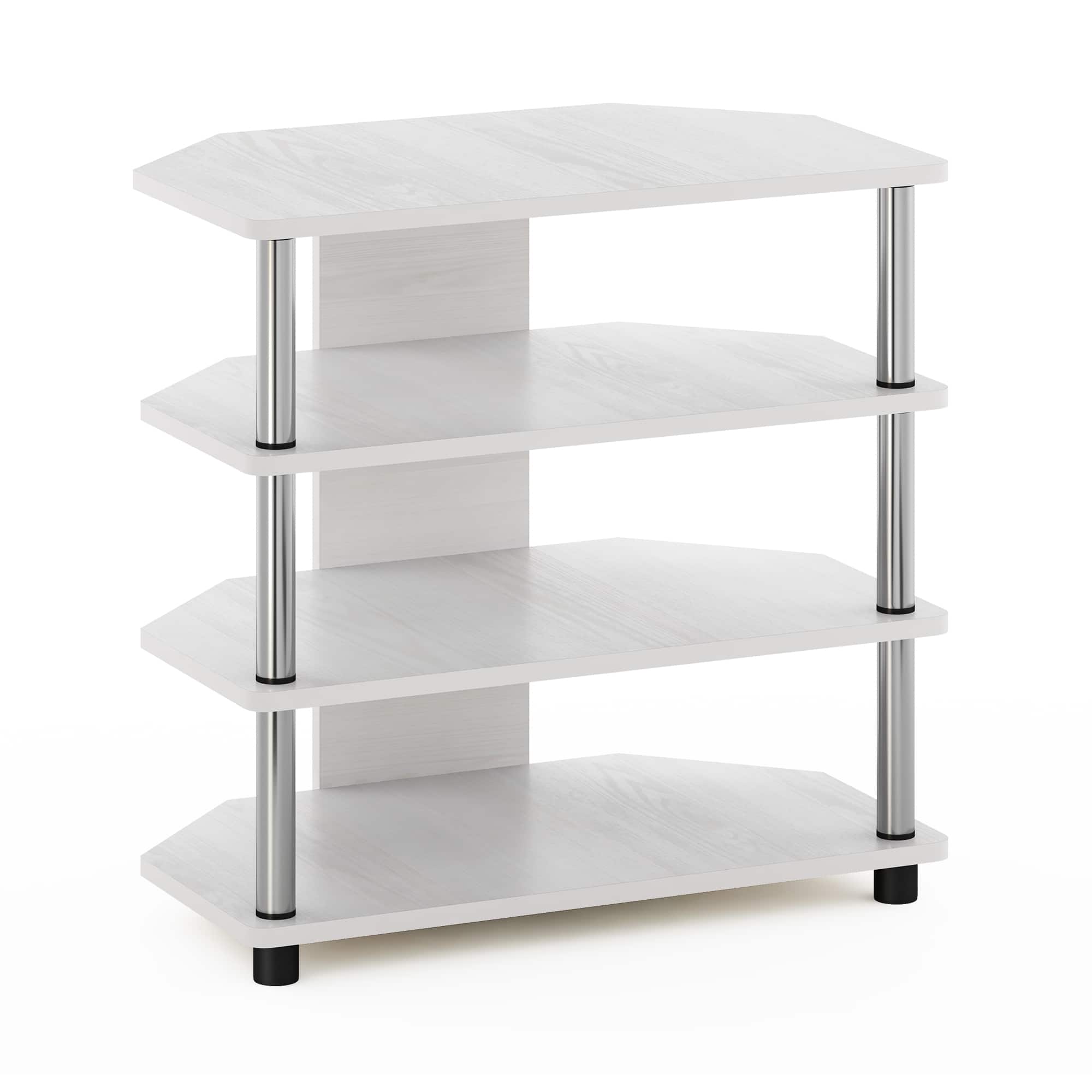 Furinno - Econ Easy Assembly 4-Tier Petite TV Stand, Stainless Steel Tubes - White Oak/Stainless Steel