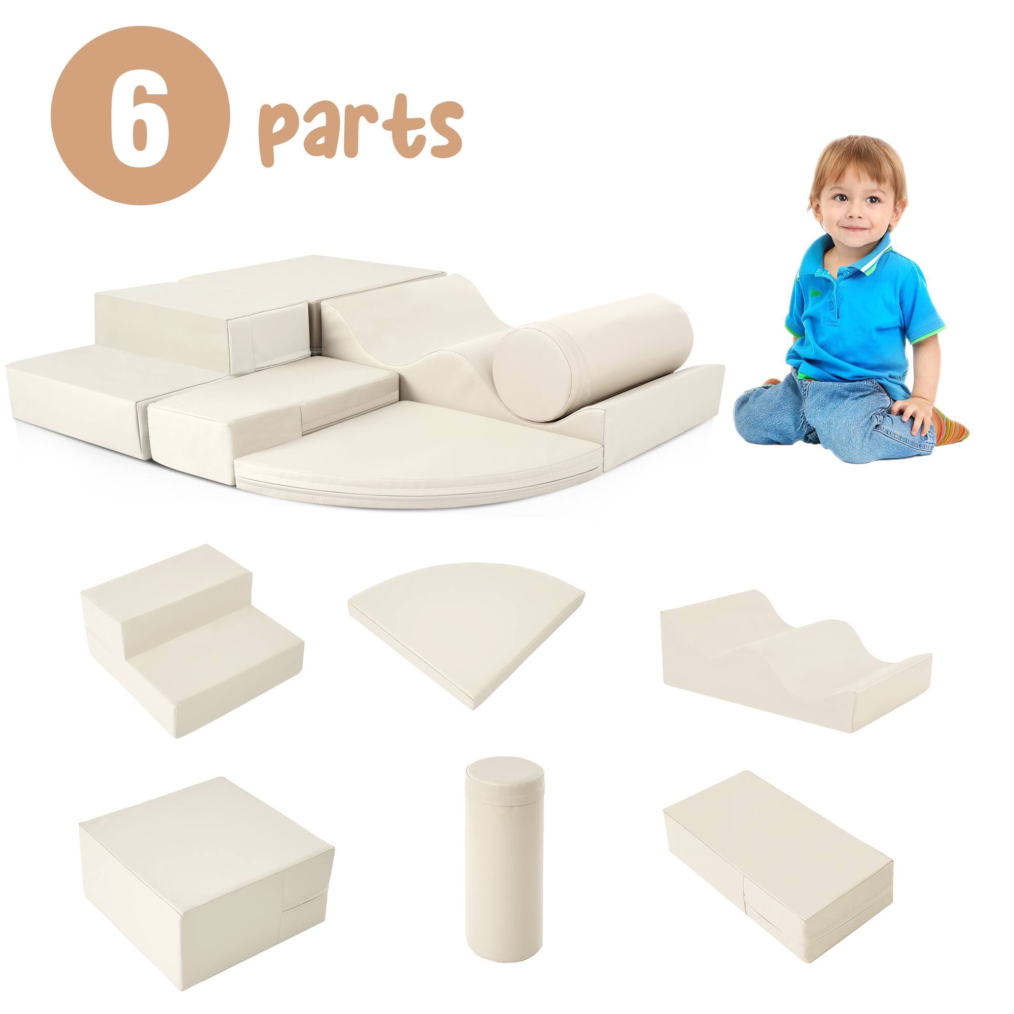 Back. Siljoy - 6-in-1 EPE Foam Climb & Crawl Playset, Soft Indoor Playground, Velcro Fastening, Easy to Clean, for Toddlers - Beige.