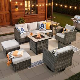 Ovios - 7 PCS Outdoor Patio Furniture 3 Seat Sofa with Swivel Chairs and 30" Fire Pit Table - Gray