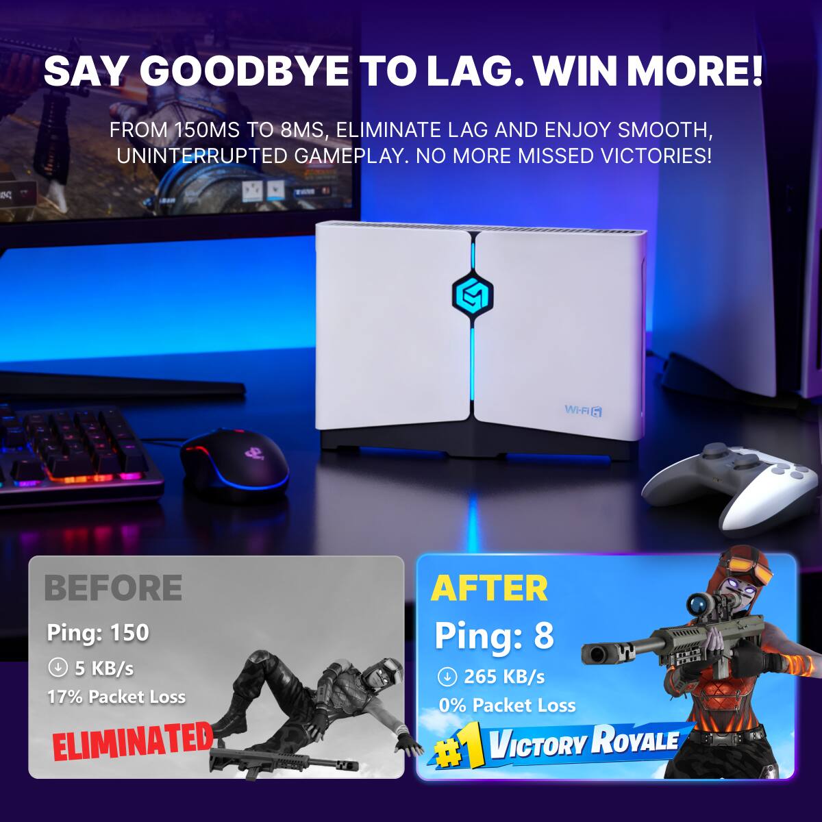 SAY GOODBYE TO LAG. WIN MORE!
FROM 150MS TO 8MS, ELIMINATE LAG AND ENJOY SMOOTH, UNINTERRUPTED GAMEPLAY. NO MORE MISSED VICTORIES!
BEFORE
Ping: 150
5 KB/s
17% Packet Loss
ELIMINATED
AFTER
Ping: 8
265 KB/s
0% Packet Loss
#1 VICTORY ROYALE