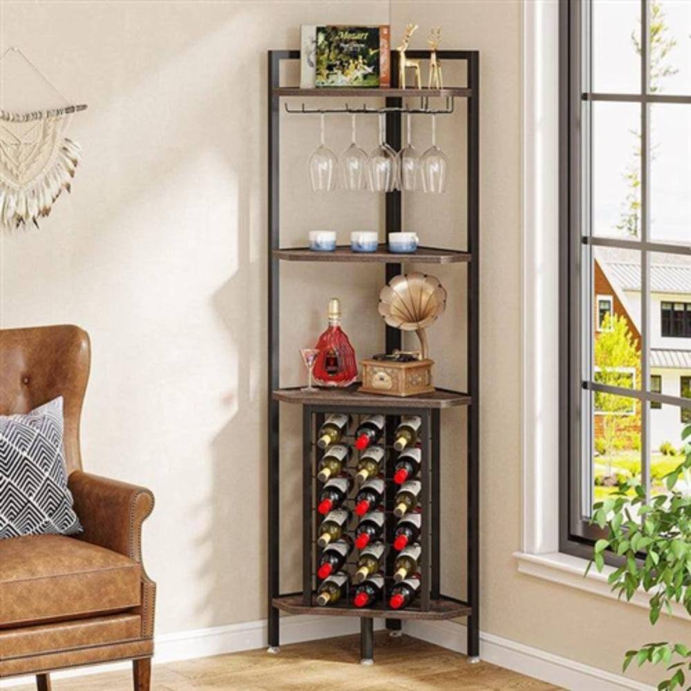 Left. Hivvago - Industrial Corner Wine Rack Storage Shelving Unit with Glass Holders - Black, Walnut.