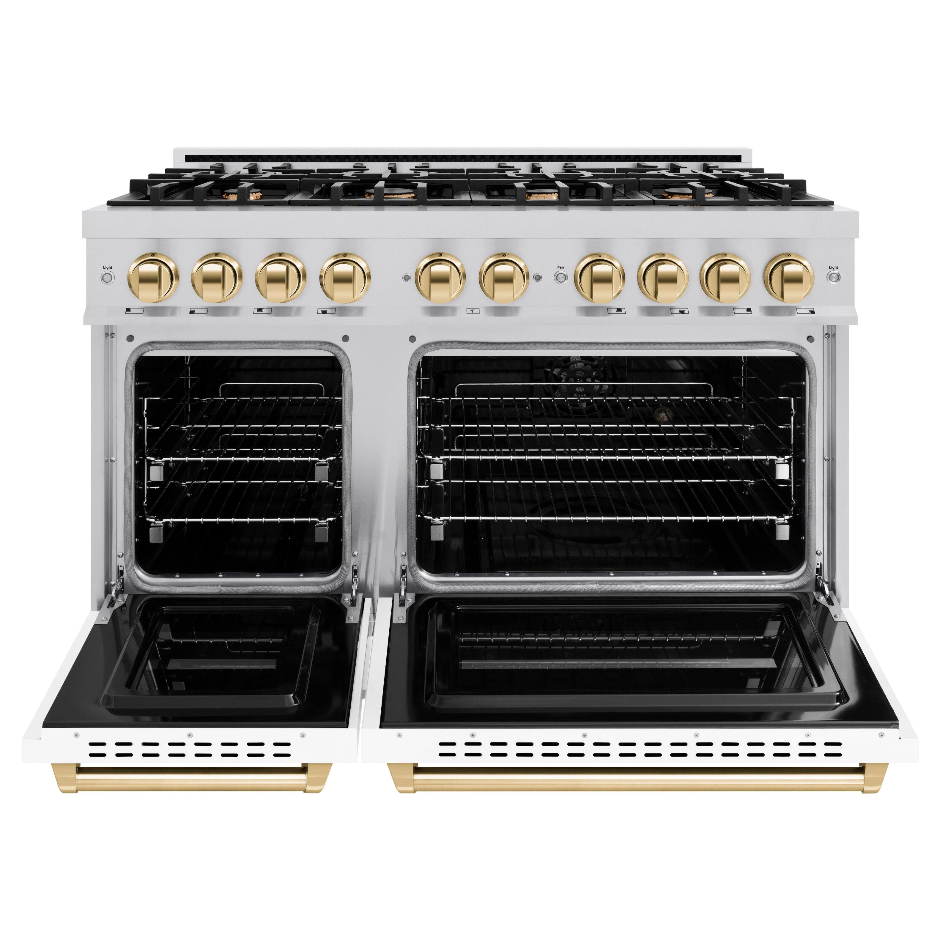 Angle. ZLINE - ZLINE Autograph 48" Classic Double Oven Dual Fuel Range with White and Gold Accents (CDRZ-WM-48-G) - White.