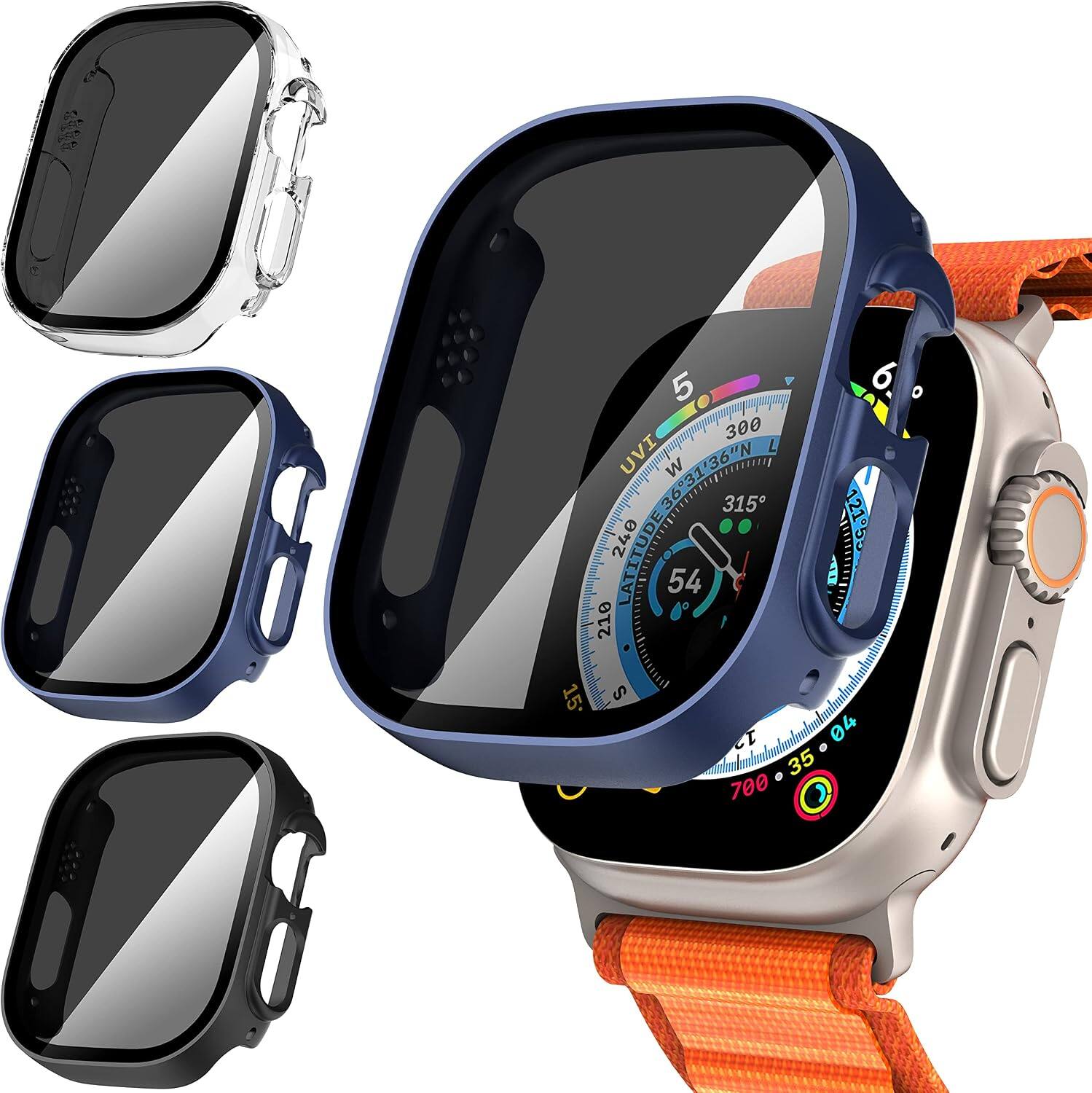 Core Tech - 3-Pack Privacy Tempered Glass Protective Case for Apple Watch 49mm - Black+Blue+Clear - Black/Blue/Clear