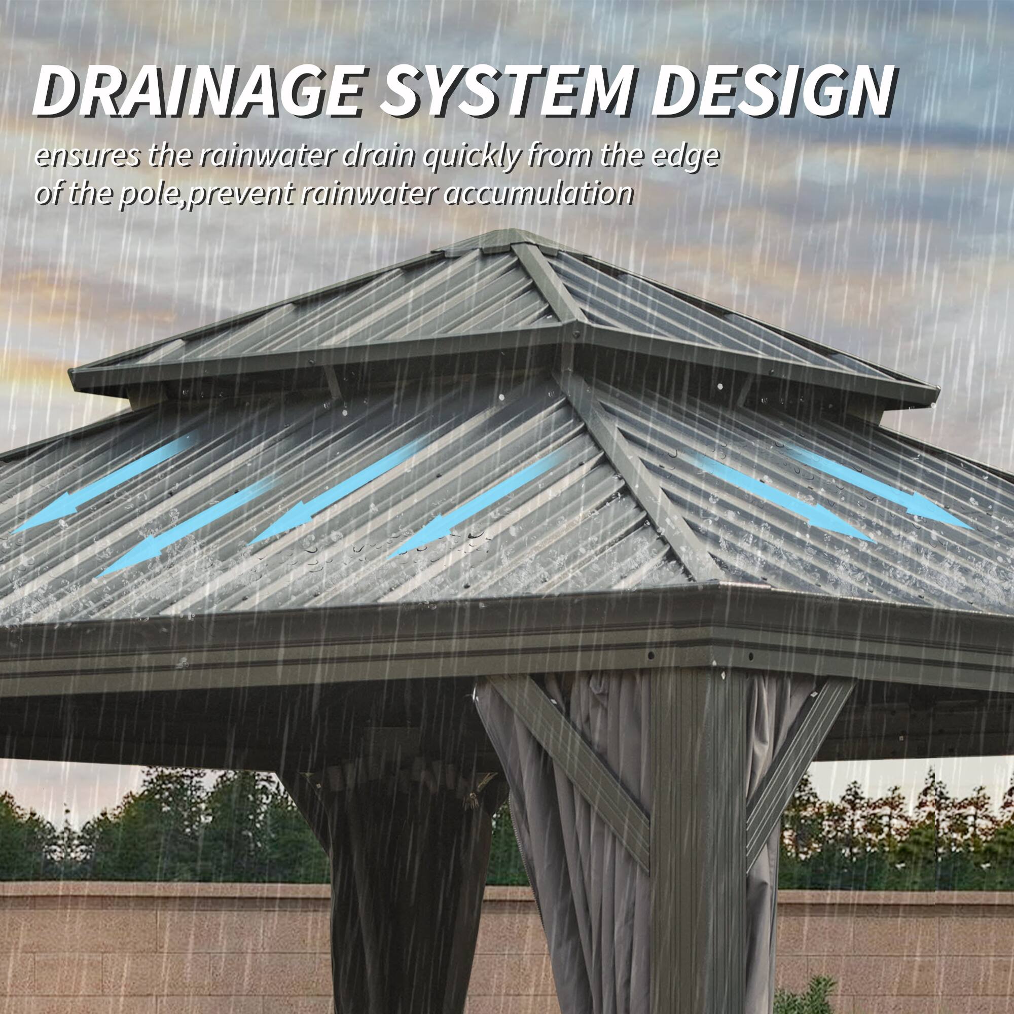 DRAINAGE SYSTEM DESIGN ensures the rainwater drain quickly from the edge of the pole, prevent rainwater accumulation
