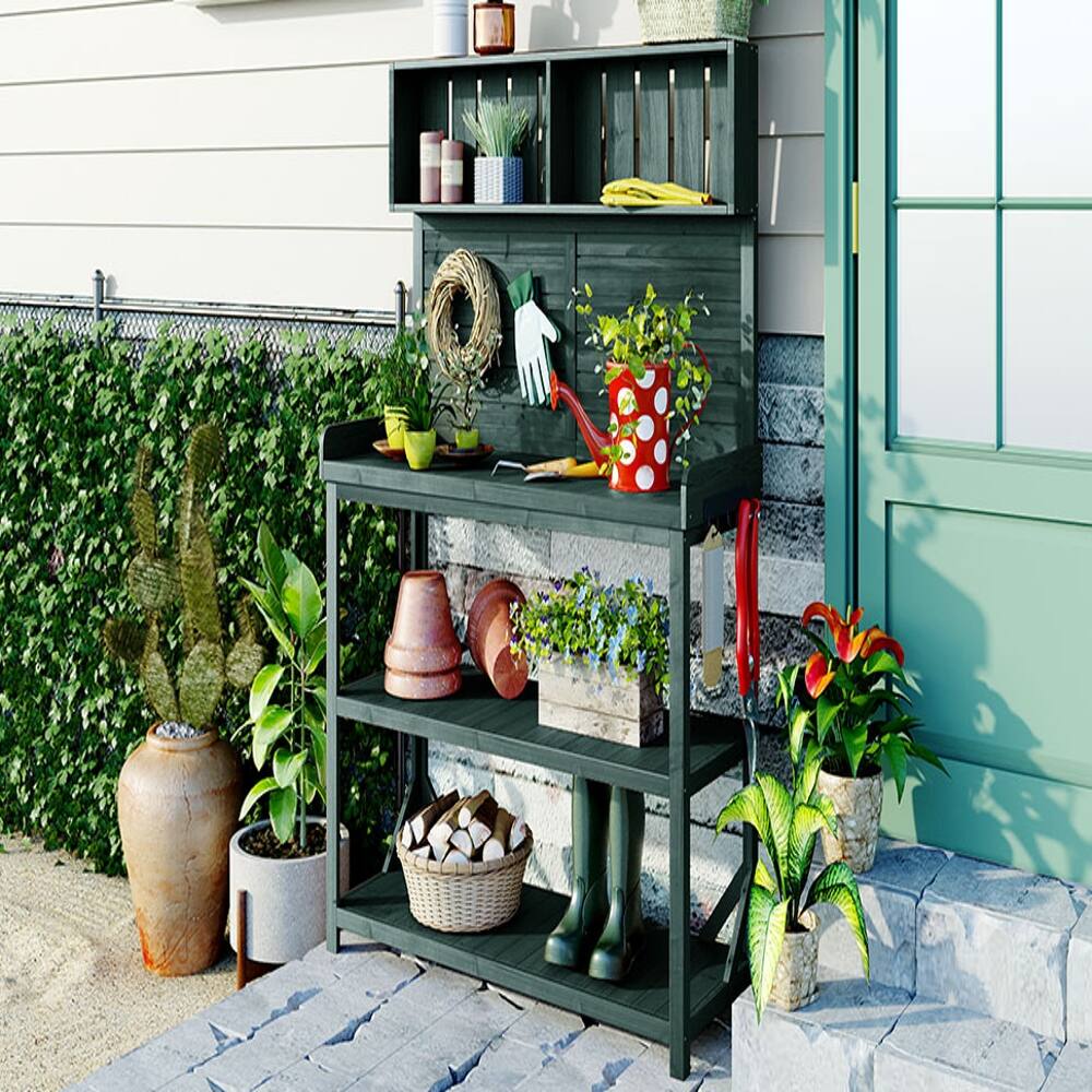 Angle. Loheer - Loheer Wooden Potting Bench Outdoor Garden Workstation with Shelves Green - Green.