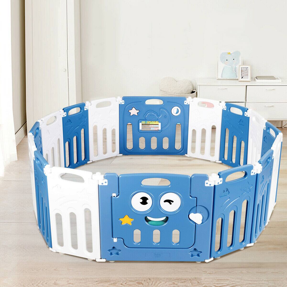 Alt View 1. Gymax - Gymax 16-Panel Foldable Baby Playpen Kids Activity Centre w/ Lock Door & Rubber Mats - Blue.