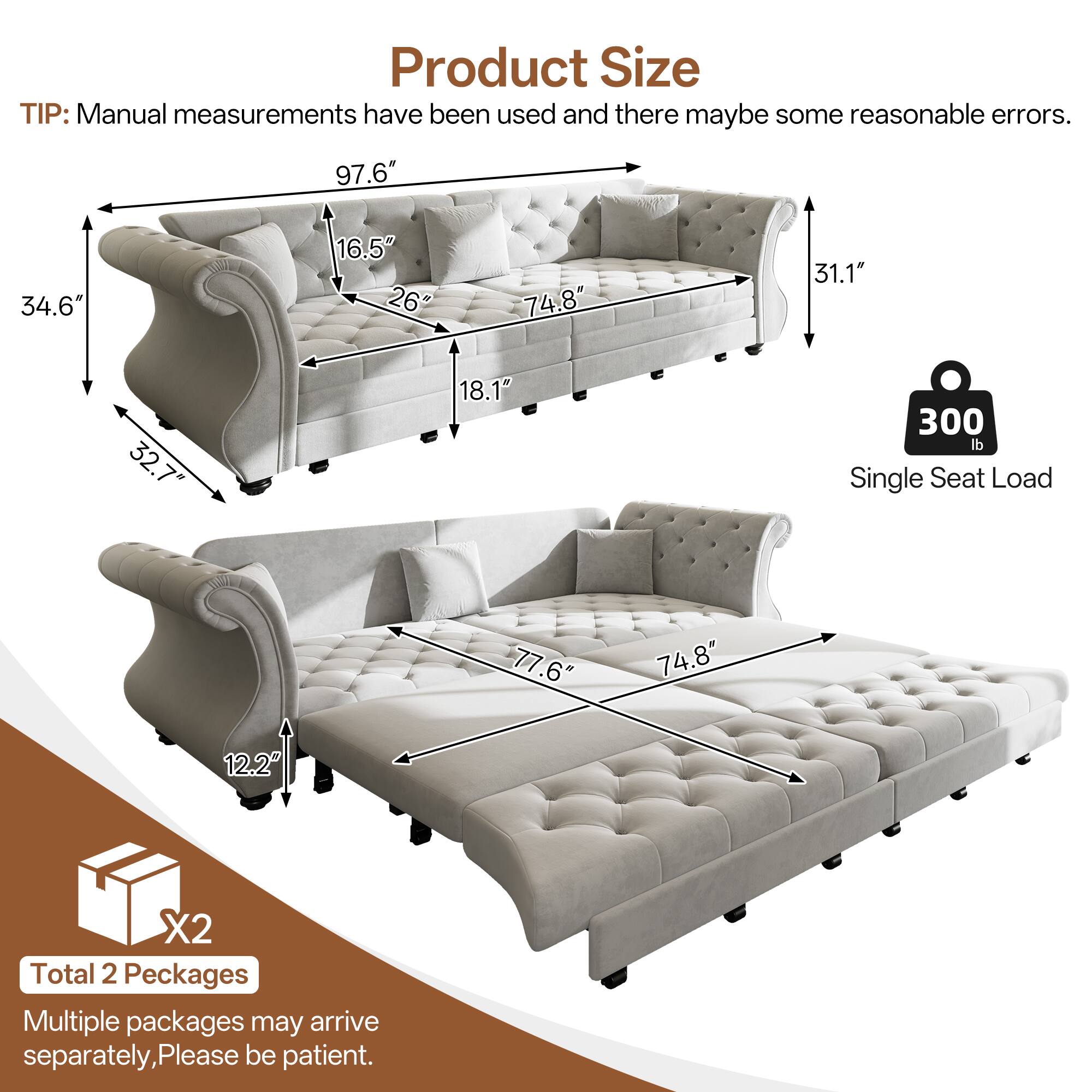 Product Size

TIP: Manual measurements have been used and there may be some reasonable errors.

- 97.6"
- 34.6"
- 16.5"
- 26"
- 74.8"
- 31.1"
- 32.7"
- 18.1"
- 300 lb Single Seat Load

Total 2 Packages

Multiple packages may arrive separately, Please be patient.
