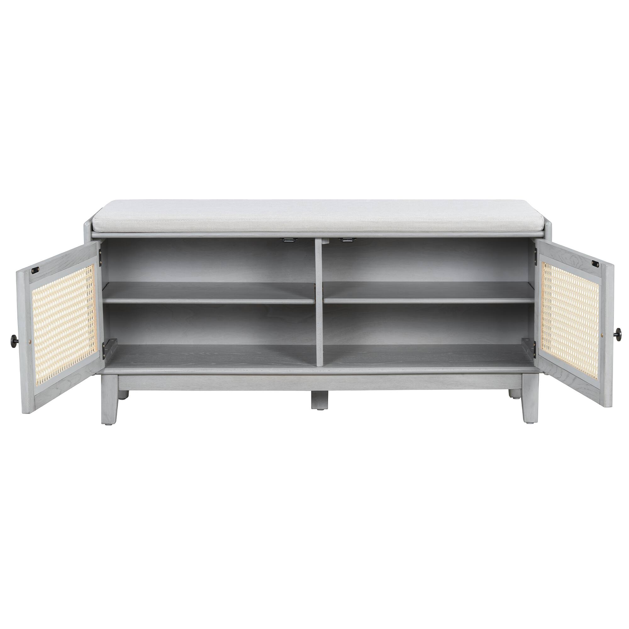 Alt View 1. Whisen - Rattan Shoe Storage Bench with Double Doors and Adjustable Shelves-Gray Wash - Gray Wash.