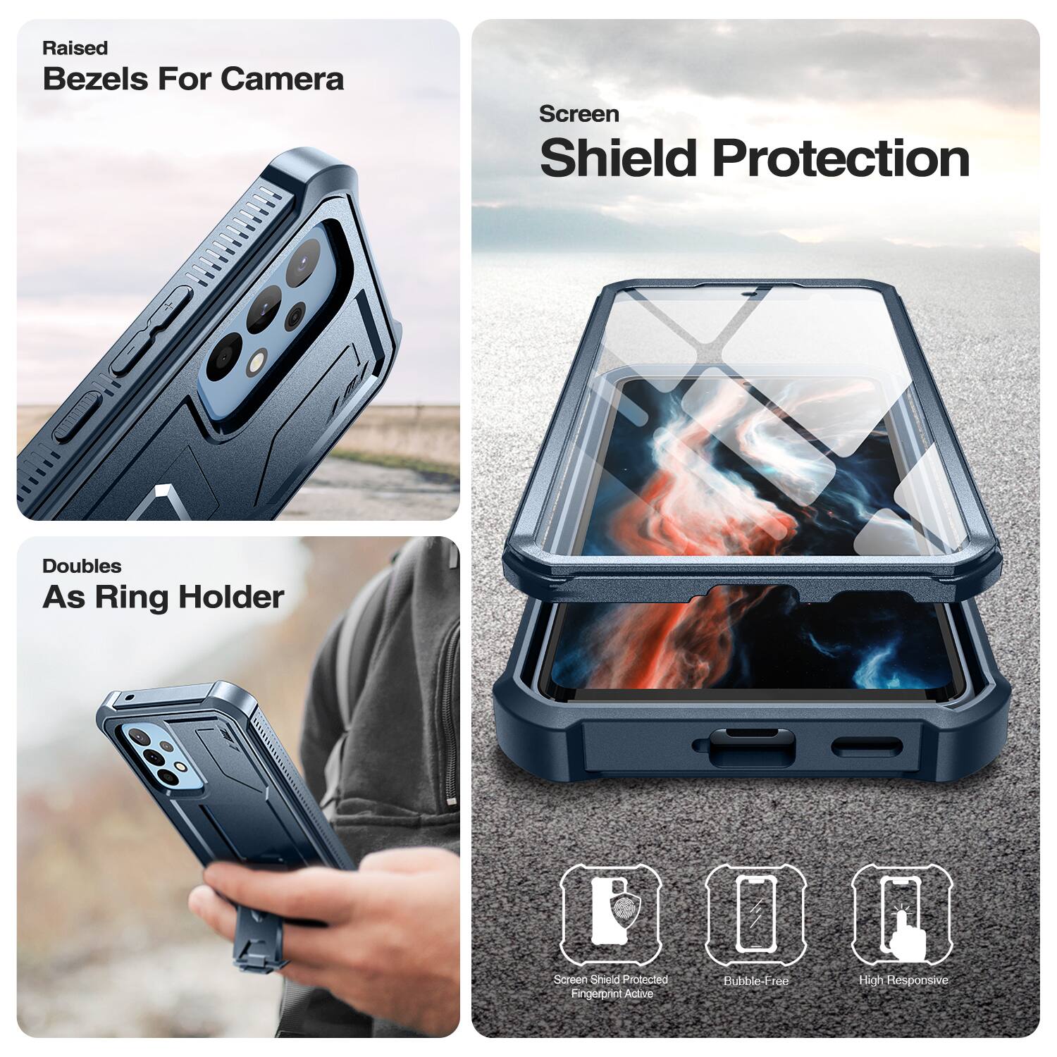 Raised Bezels For Camera  
Screen Shield Protection  
Doubles As Ring Holder  

Screen Shield Protected Fingerprint Active  
Bubble-Free  
High Responsive