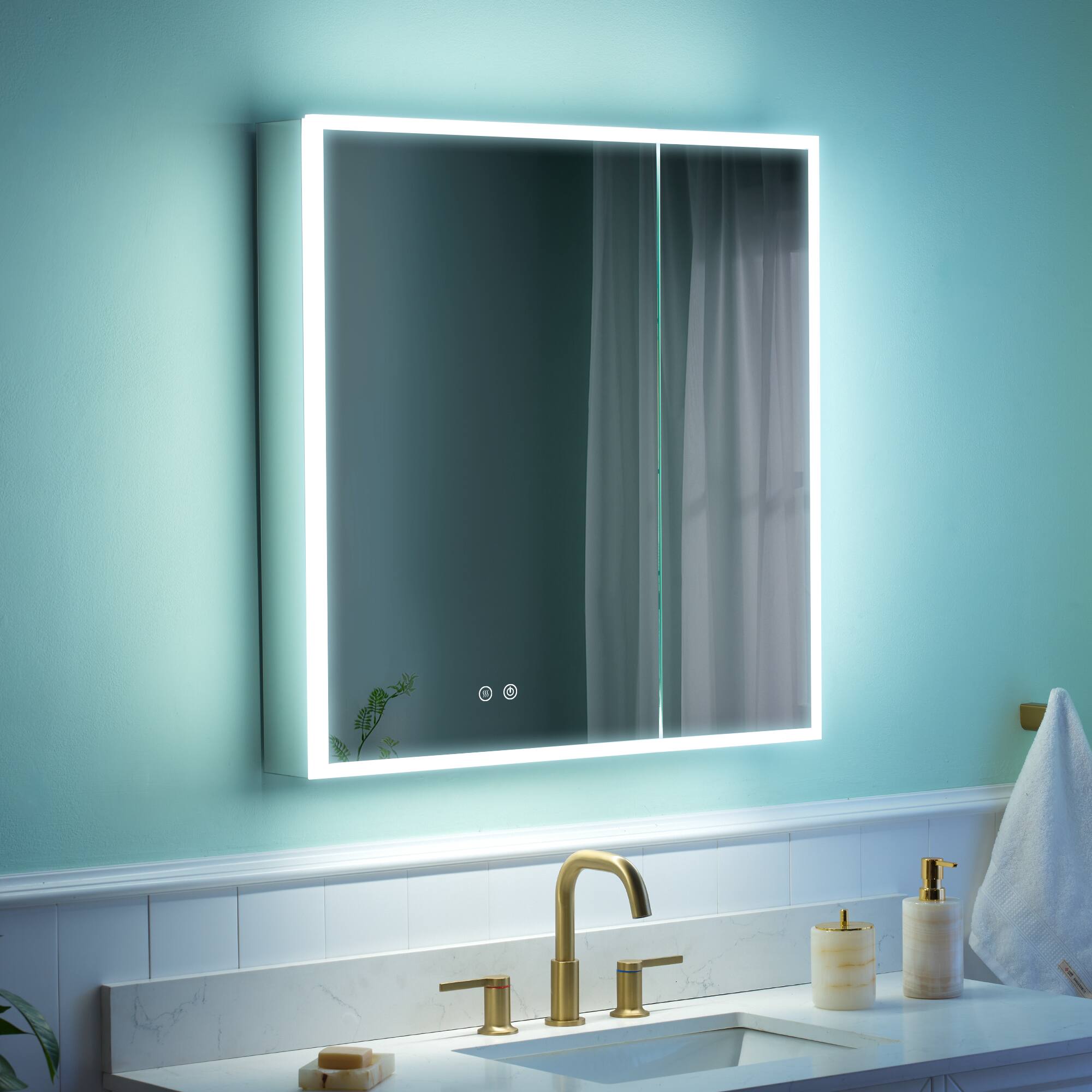 Angle. WELLFOR - 30 in. W x 30 in. H Rectangular Aluminum Recessed/Surface Mount Medicine Cabinet with Mirror and Lighted - Silver.