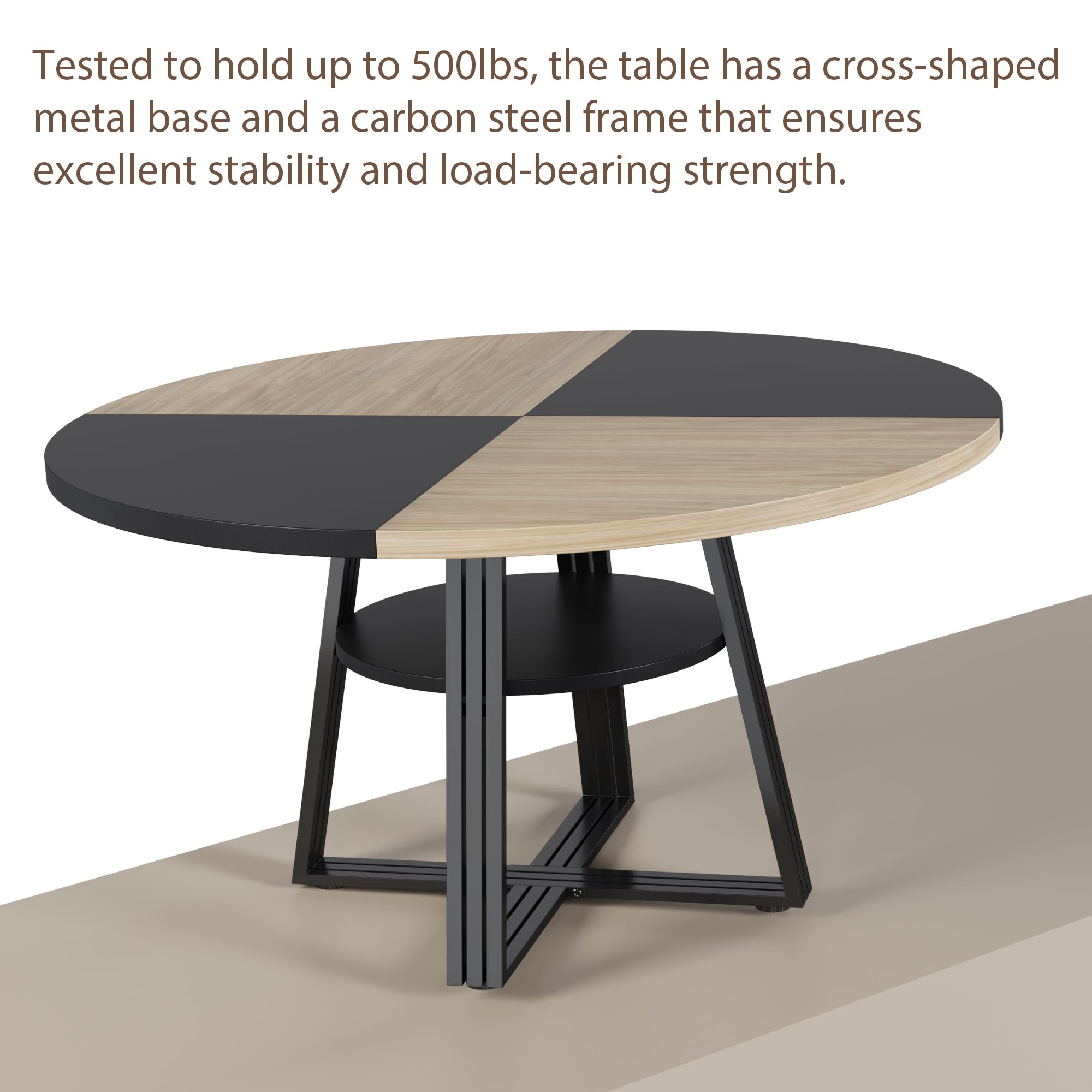 Tested to hold up to 500lbs, the table has a cross-shaped metal base and a carbon steel frame that ensures excellent stability and load-bearing strength.