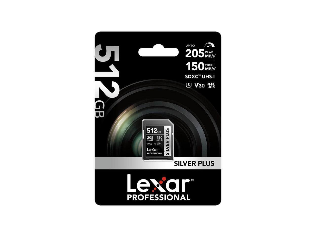 UP TO 205 READ MB/s  
150 WRITE MB/s  
512 GB  
SDXC UHS-I  
V30  
4K UHD  
Lexar PROFESSIONAL  
SILVER PLUS